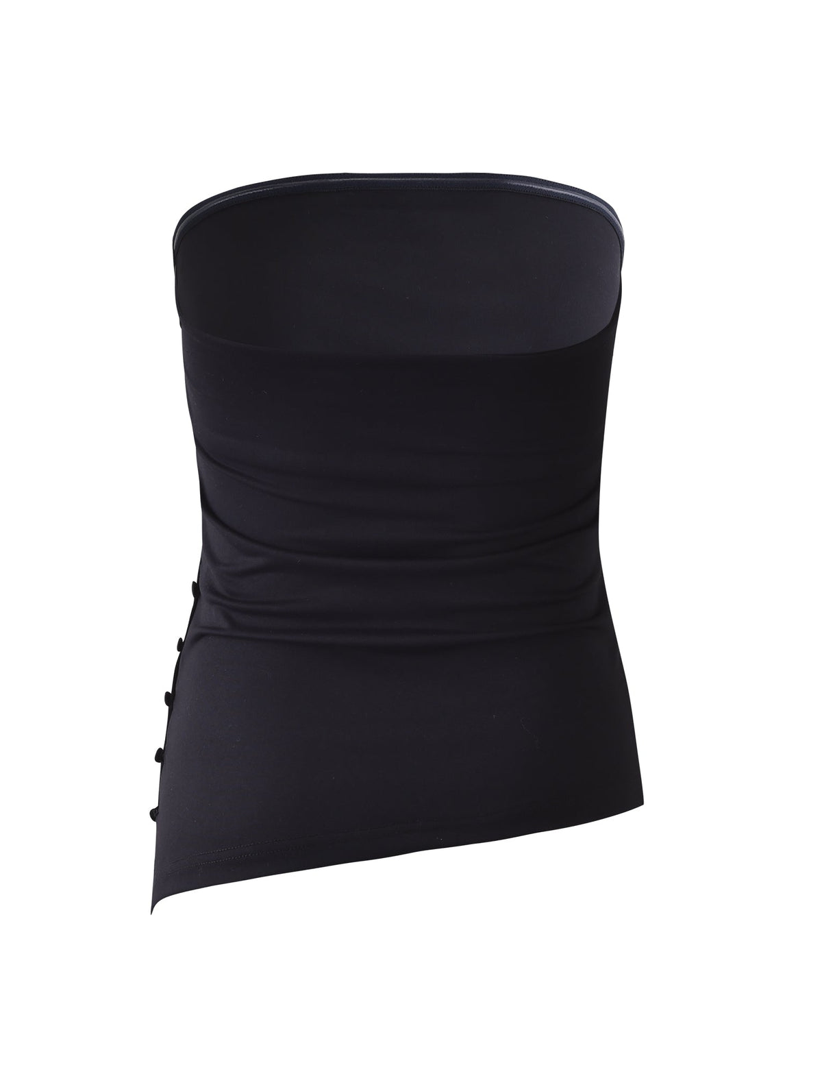 A black INDIRA TOP from TIGERMIST displayed against a white background. The top features a strapless design with a snug, bodycon fit. The fabric appears smooth and slightly shiny, creating a sleek and elegant look.