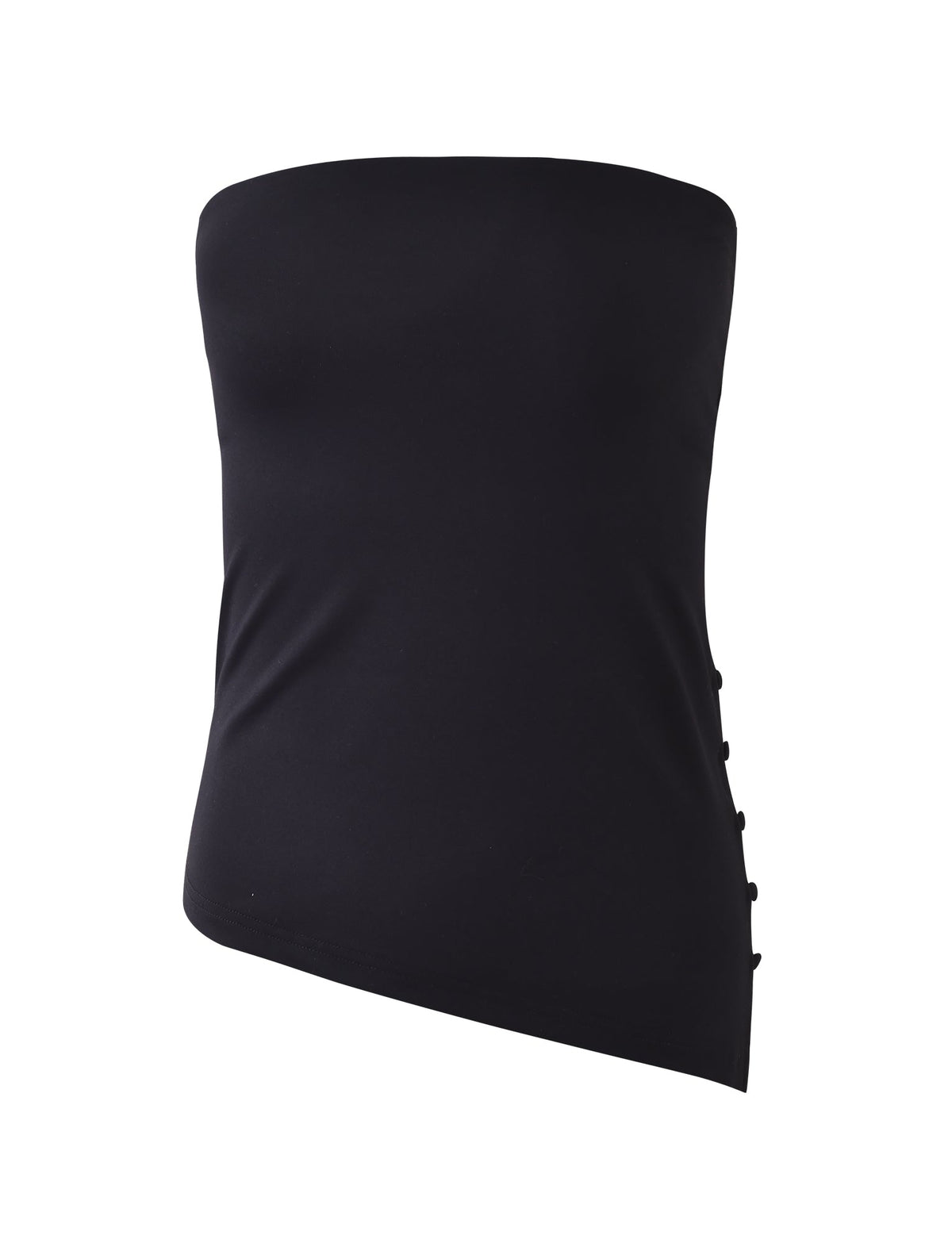 The "INDIRA TOP - BLACK" from TIGERMIST is a black, strapless tube top with an asymmetrical hemline. The right side is adorned with functional buttons running vertically for added detail. The fabric appears smooth and form-fitting, emphasizing its sleek and modern design.