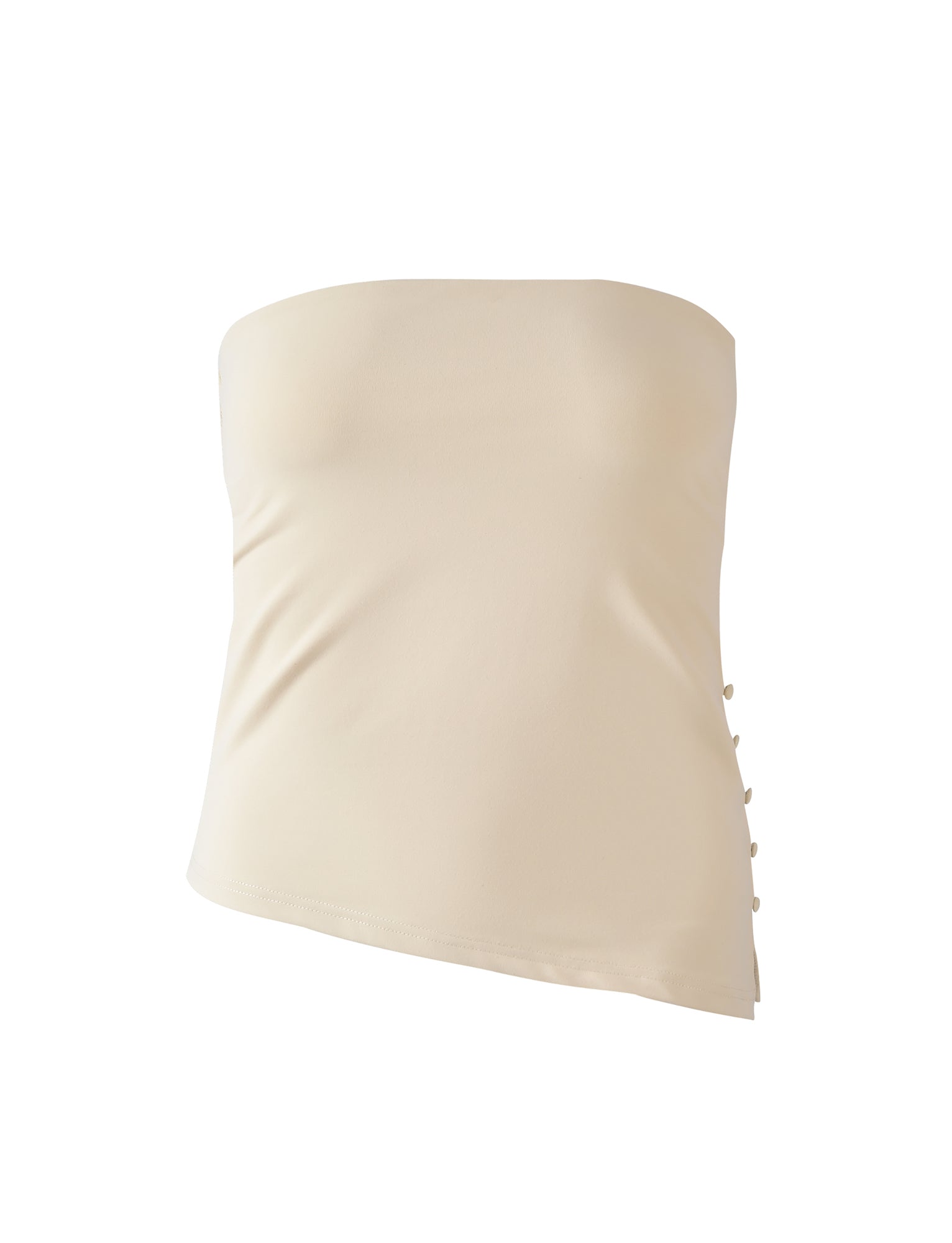 The TIGERMIST INDIRA TOP in cream is a strapless, fitted top with small side buttons and an asymmetrical hem, shown against a plain white background.
