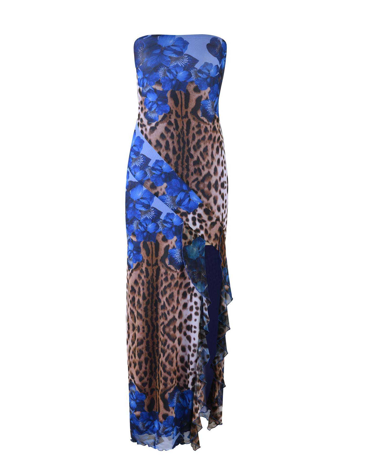 The TIGERMIST THEO MAXI DRESS - MULTI : LEOPARD showcases a bold design featuring blue flowers and leopard print. This strapless maxi dress includes a high slit on one side, accented with ruffle detailing at both the slit and hemline.