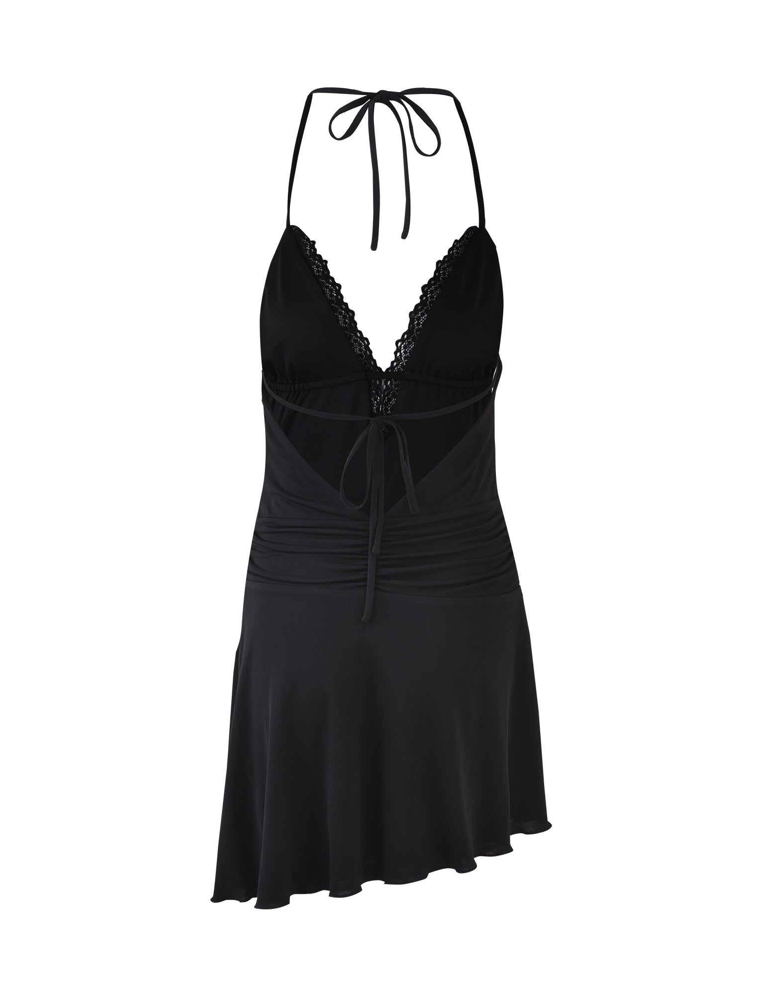 The MYRA DRESS - BLACK from TIGERMIST is a black, sleeveless, halter neck dress with lace detailing at the chest area. It features a deep V-neckline, an asymmetrical hemline, and a tie detail at the waist. The material appears to be soft and flowy.