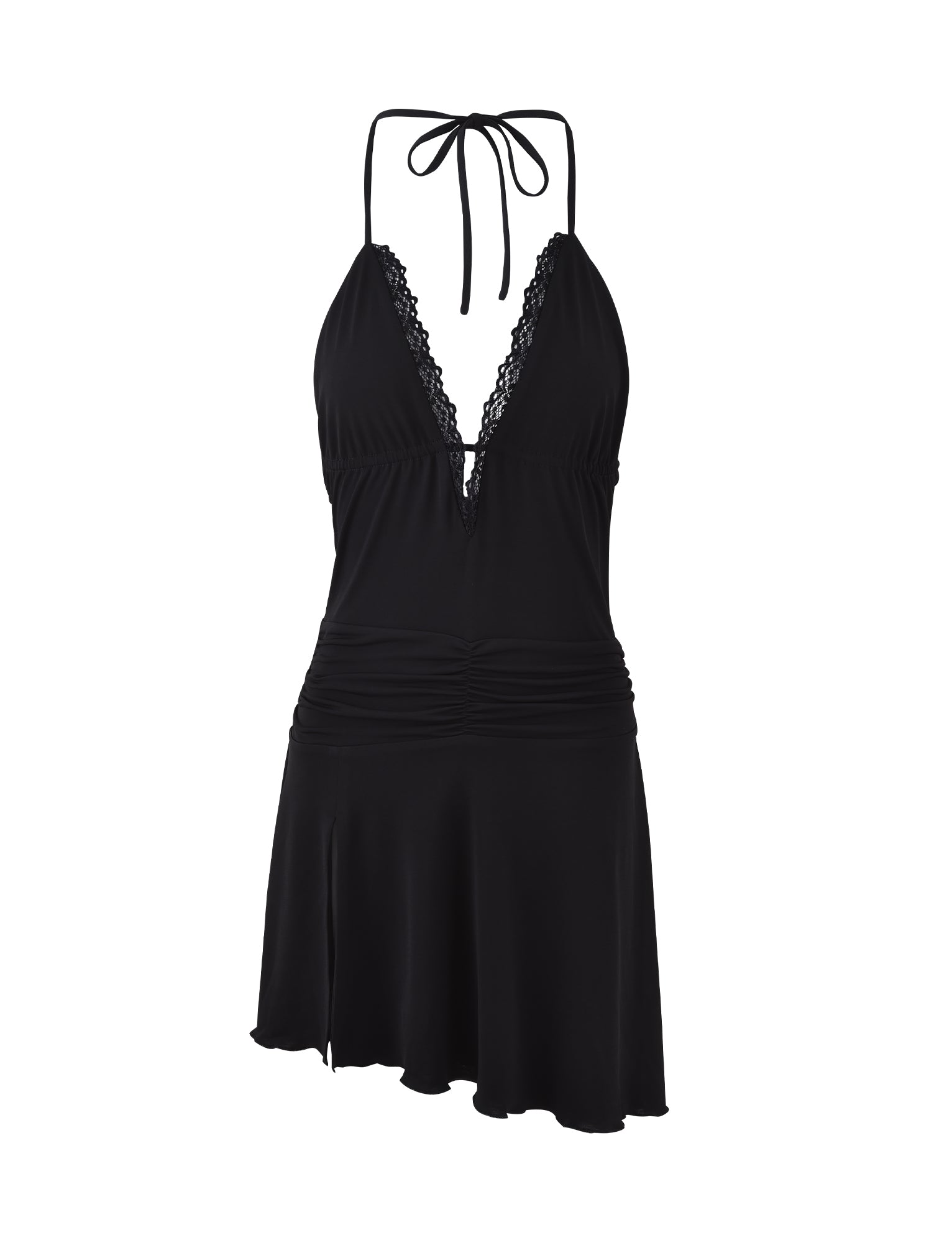 The MYRA DRESS - BLACK from TIGERMIST is a black, sleeveless halter dress with a deep V-neckline adorned with lace trim. It features gathered detailing around the waist and a flared, slightly asymmetrical hemline.