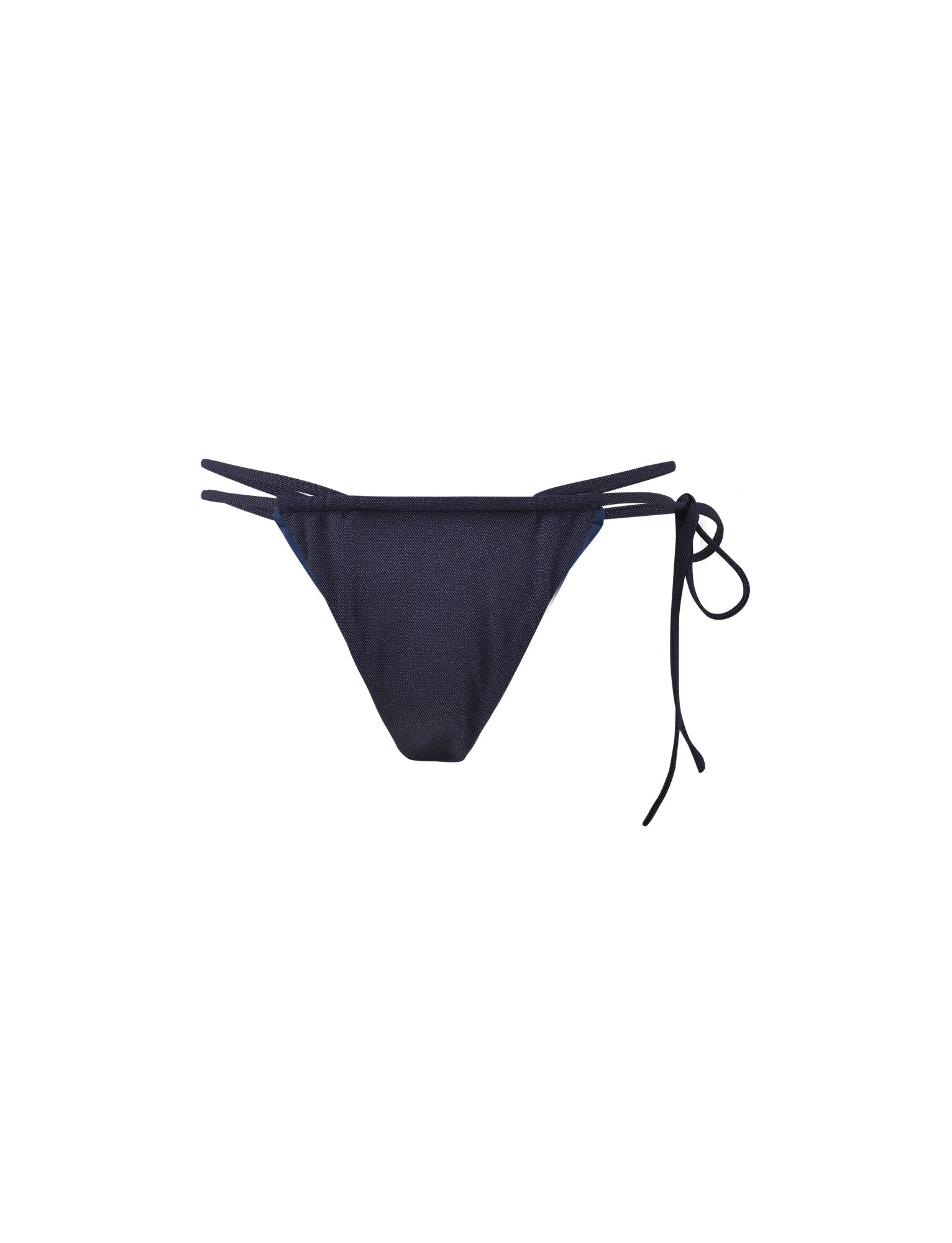 A pair of TIGERMIST CALISTA bikini bottoms in dark denim blue with double side tie straps, arranged on a plain white background. The design is simple and minimalistic with a sleek, contemporary look.