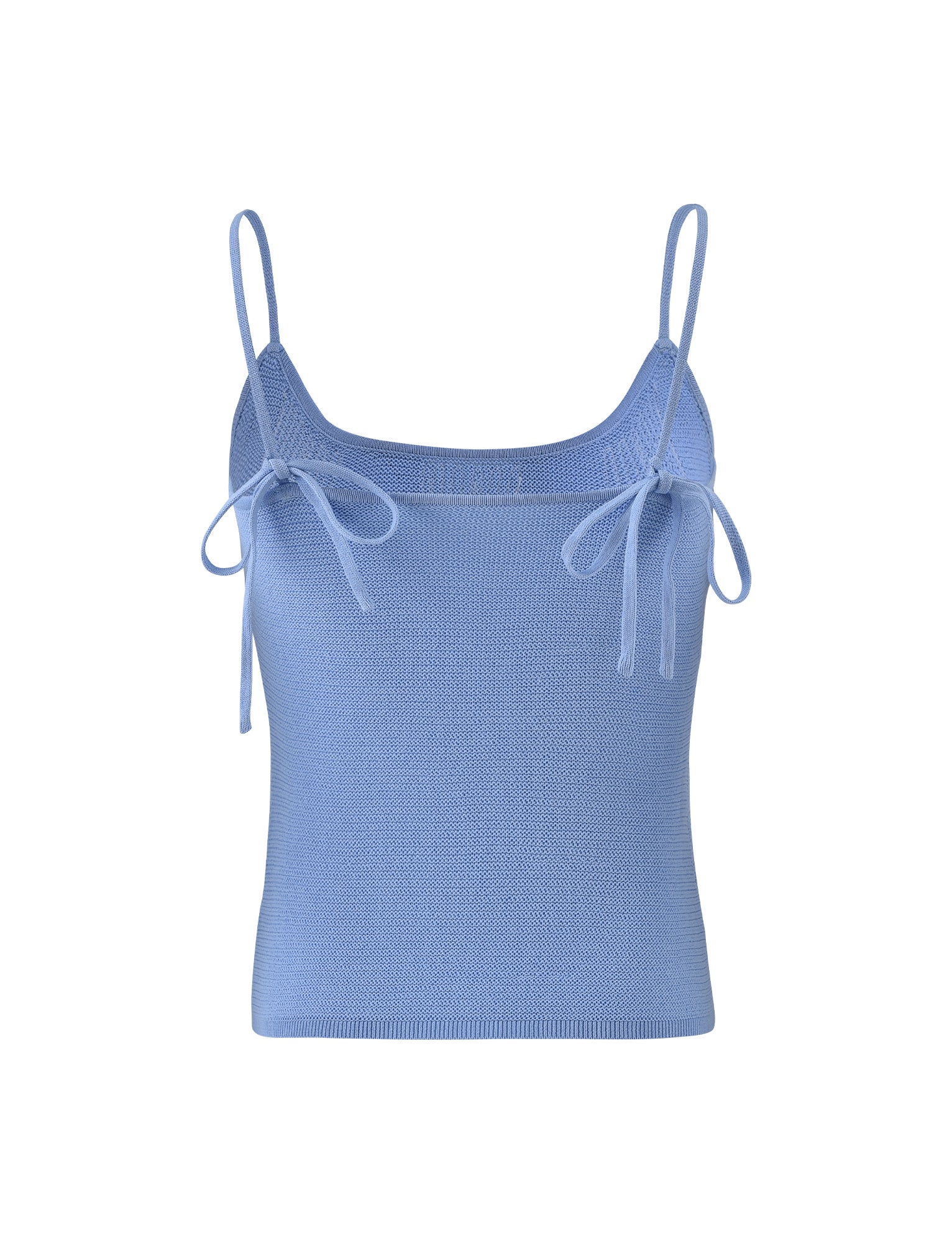 The JUNNO TOP - BLUE by TIGERMIST is a light blue, knitted camisole featuring thin shoulder straps and decorative tie details on each side of the chest. Its soft fabric and fitted design deliver a casual yet stylish look that perfectly aligns with Tiger Mist's trendy aesthetics.