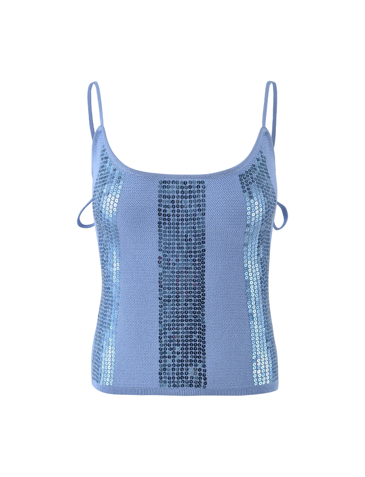 The JUNNO TOP - BLUE by TIGERMIST is a light blue sleeveless top featuring thin straps and embellished with vertical sequin stripes. The sequins are arranged in a pattern with a wide central stripe flanked by two narrower stripes on each side, creating a shimmering effect against the fabric.