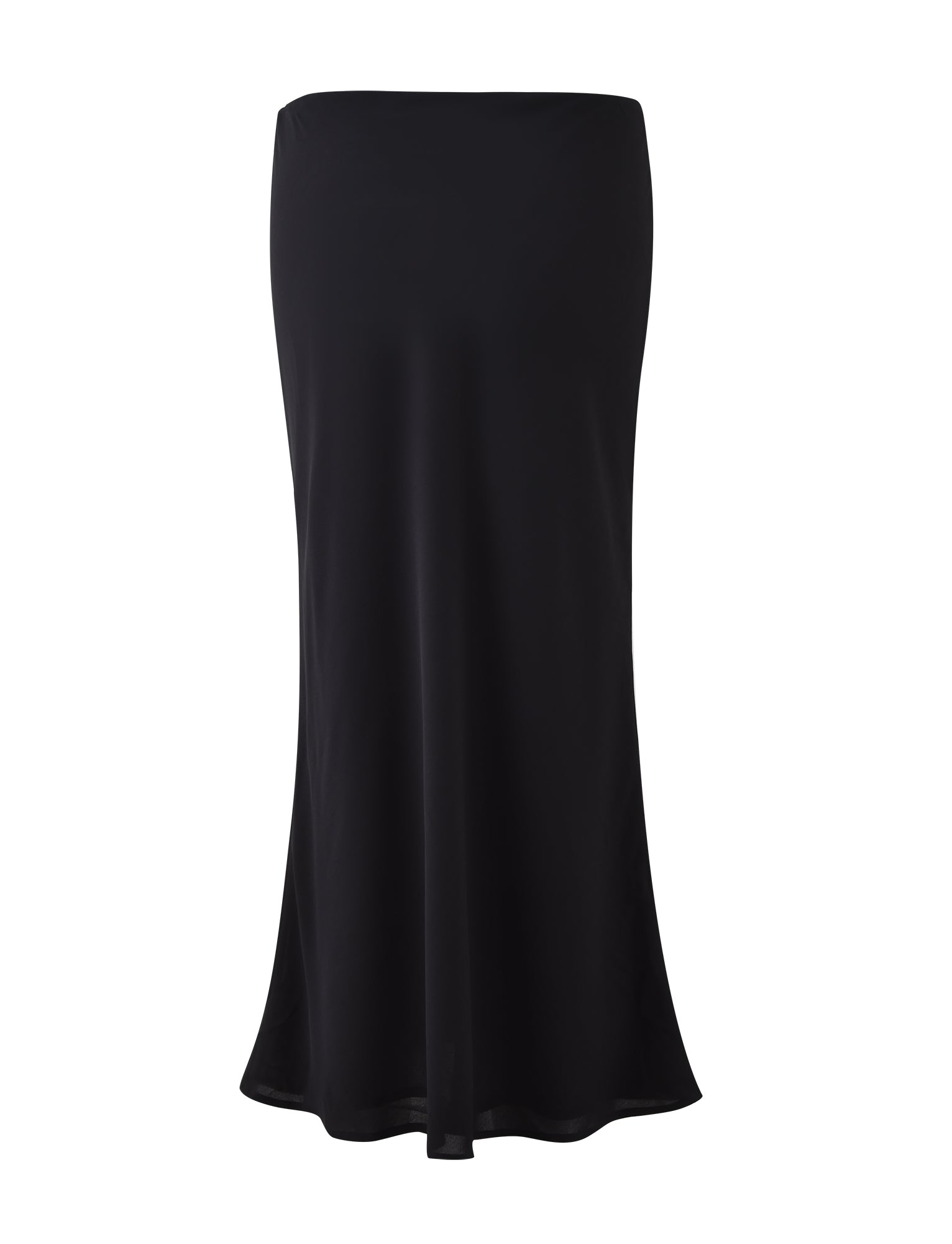 The MOIRA SKIRT - BLACK from TIGERMIST is showcased against a plain white background. This long, straight skirt features smooth, flowing fabric and a minimalist design without any visible patterns or embellishments.
