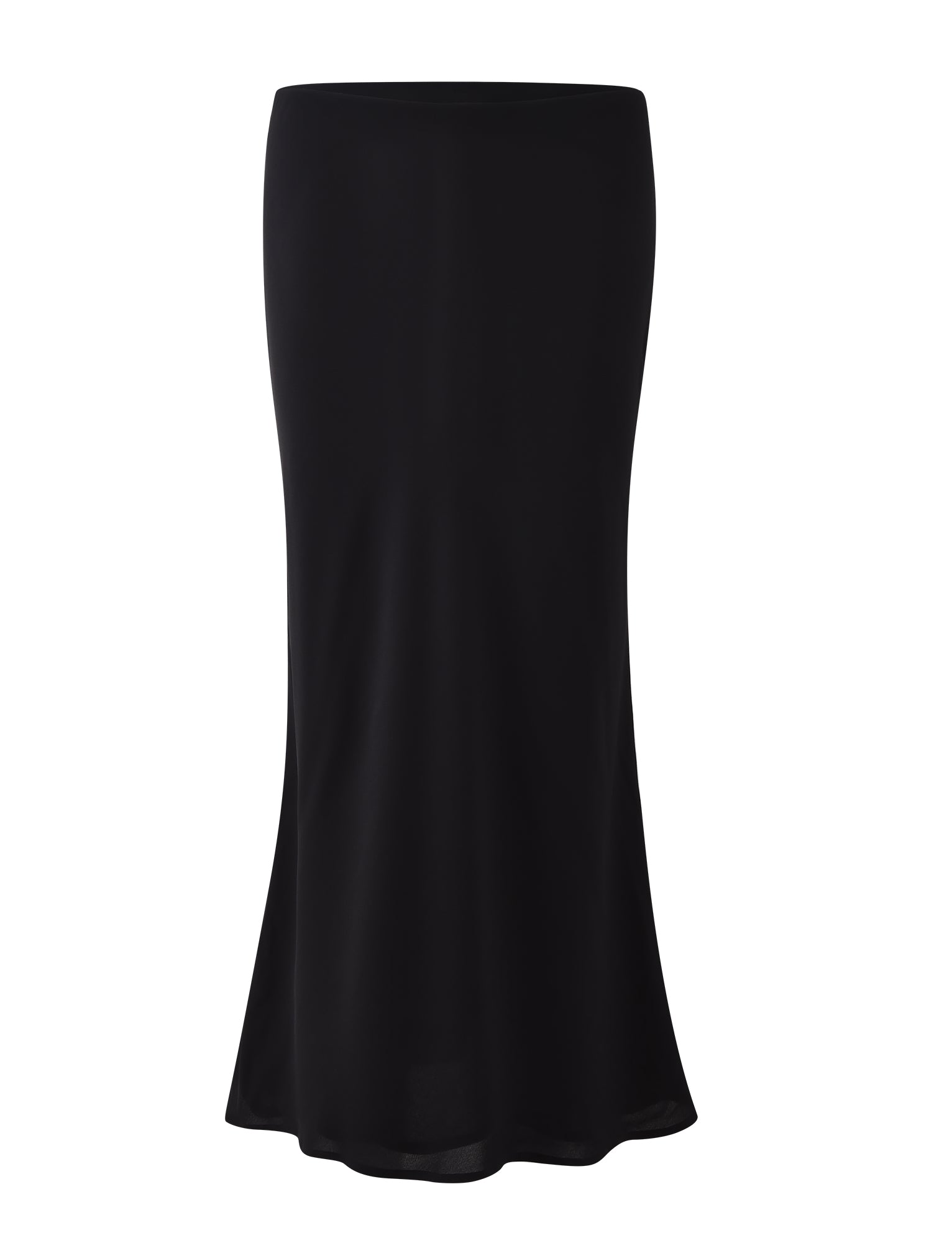 The TIGERMIST MOIRA SKIRT - BLACK is showcased against a plain white background. This long skirt features a high waist and flows down to a slight flare at the hem, boasting a smooth and streamlined design that emphasizes its elegant simplicity.