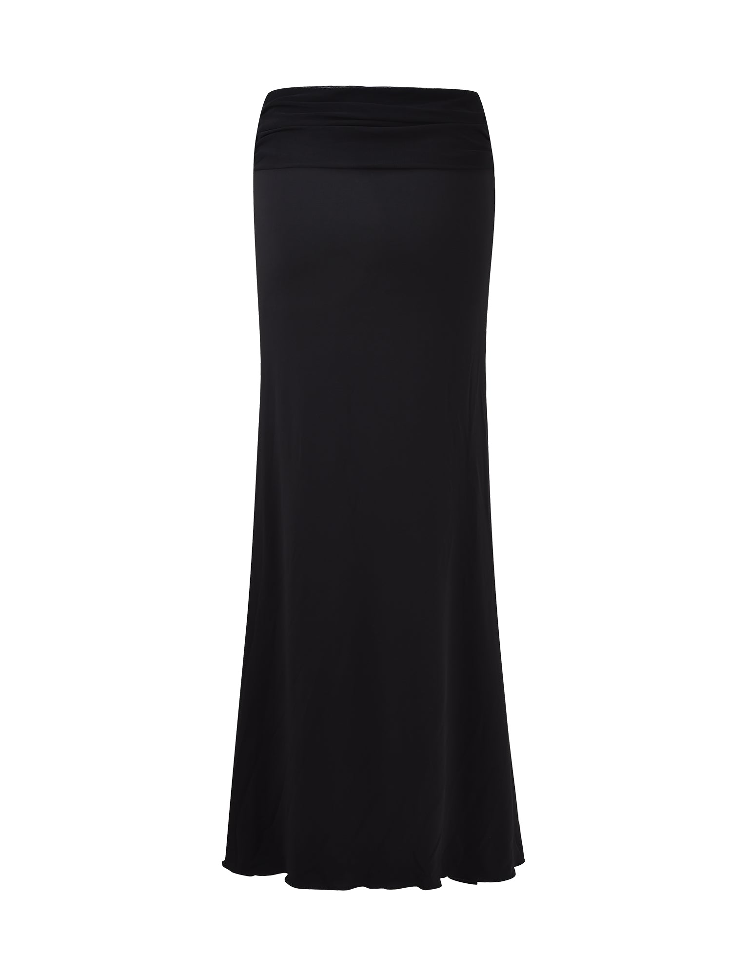 Introducing the MIST SKIRT - BLACK from TIGERMIST, a long, high-waisted skirt with a sleek design. Crafted from smooth, slightly stretchy fabric, it showcases a fitted waist that gently flares towards the hem for an elegant and streamlined look.