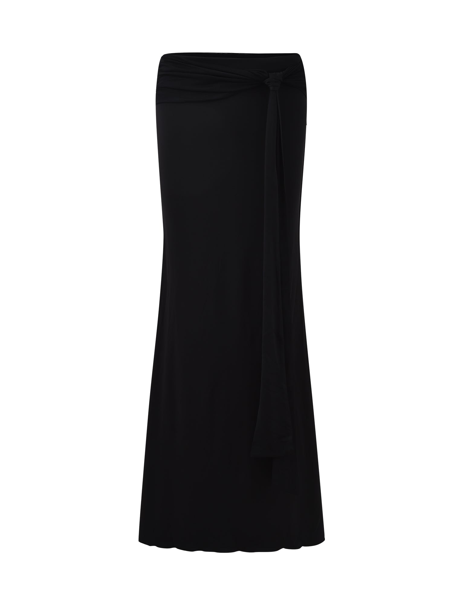 Introducing the MIST SKIRT - BLACK by TIGERMIST: a floor-length, high-waisted skirt designed with a slim fit silhouette and a side-tie detail at the waist. Crafted from smooth, slightly stretchy fabric, this skirt creates an elegant and minimalist look that embodies Tiger Mist's signature sleek style.