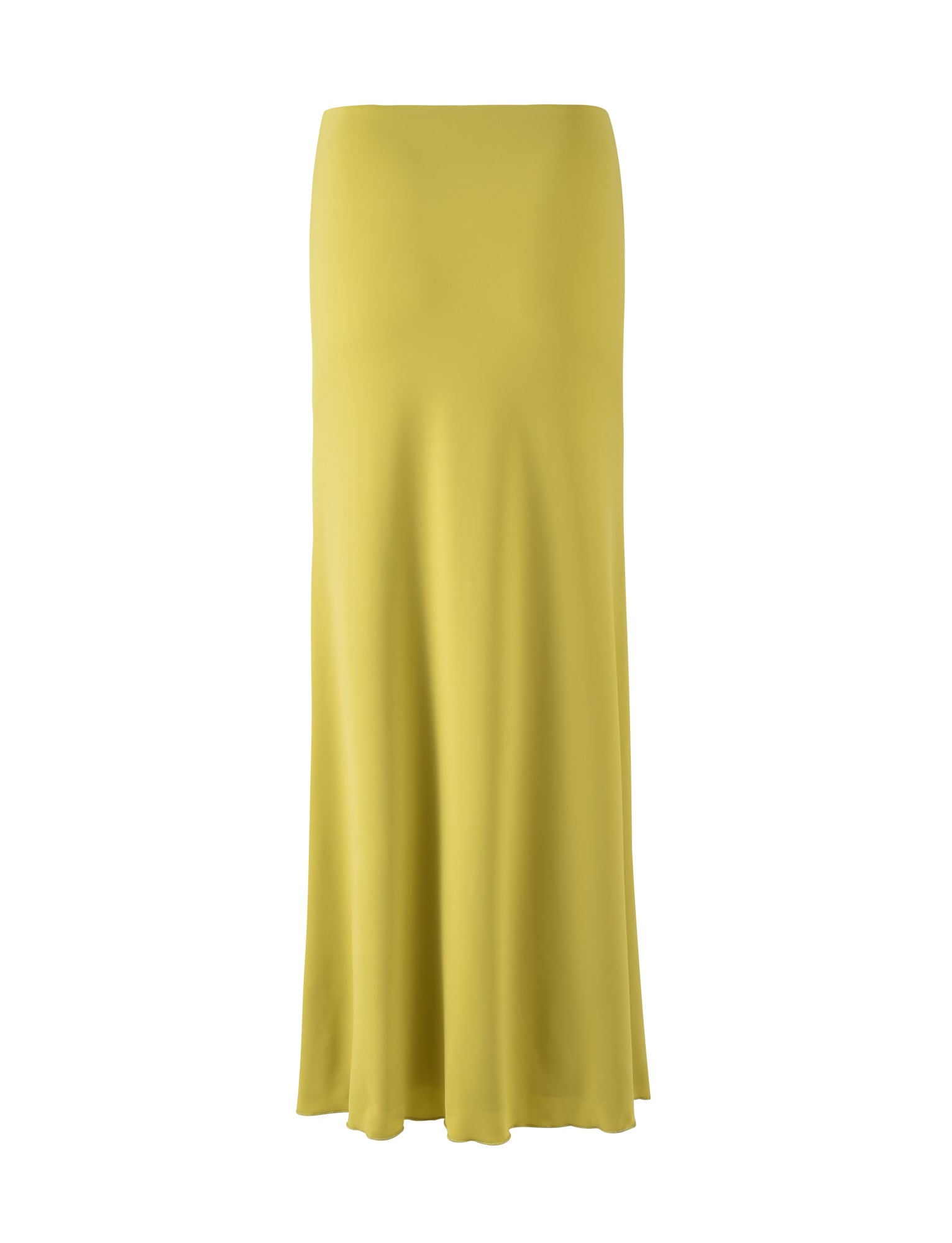 A long, ankle-length maxi skirt in a bright chartreuse fabric by TIGERMIST is displayed against a plain white background. The MIST SKIRT - GREEN features a smooth and flowy texture with a simple, streamlined design.