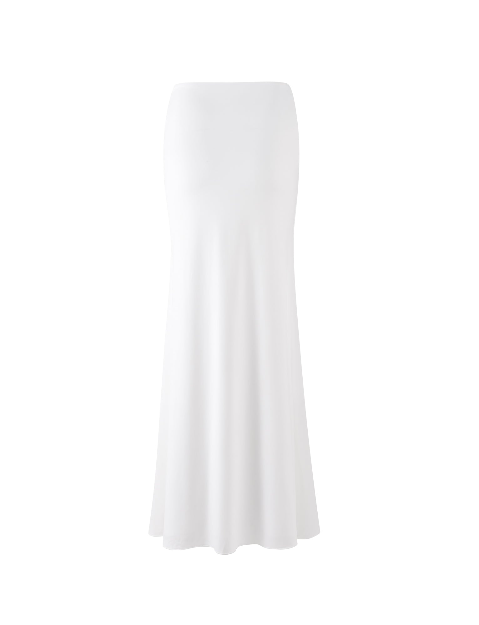 The MIST SKIRT - WHITE from TIGERMIST is a floor-length, pure white A-line skirt with smooth, flowing fabric. It features a high waist and a simple, elegant design, making it perfect for formal or semi-formal occasions.