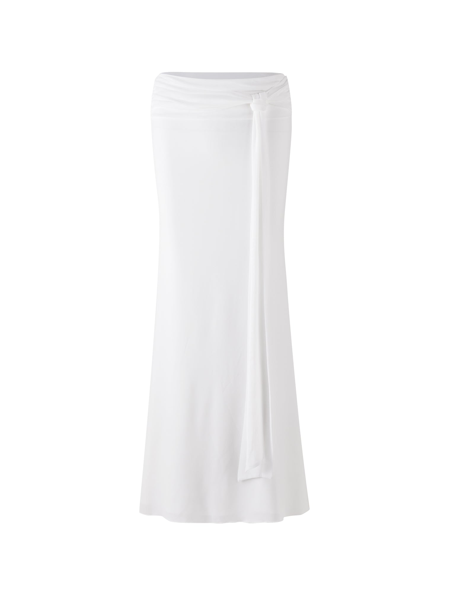 The "MIST SKIRT - WHITE" from TIGERMIST is a white midi skirt featuring a smooth, flowing texture. It boasts a draped design at the waist with a long, matching tie that elegantly drapes down the right side. The hemline is slightly flared, forming a subtle A-line silhouette.