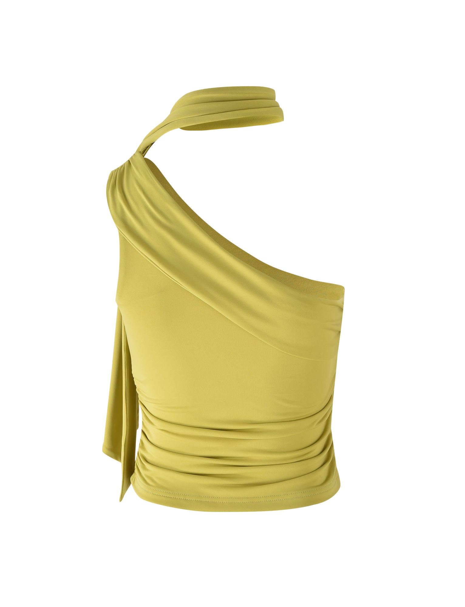 The ALLIRA TOP by TIGERMIST is a stylish, chartreuse one-shoulder top with a unique asymmetrical design. The olive green material is gathered on one side, creating a ruched effect. It features a single strap that wraps around the neck and drapes elegantly on one side.