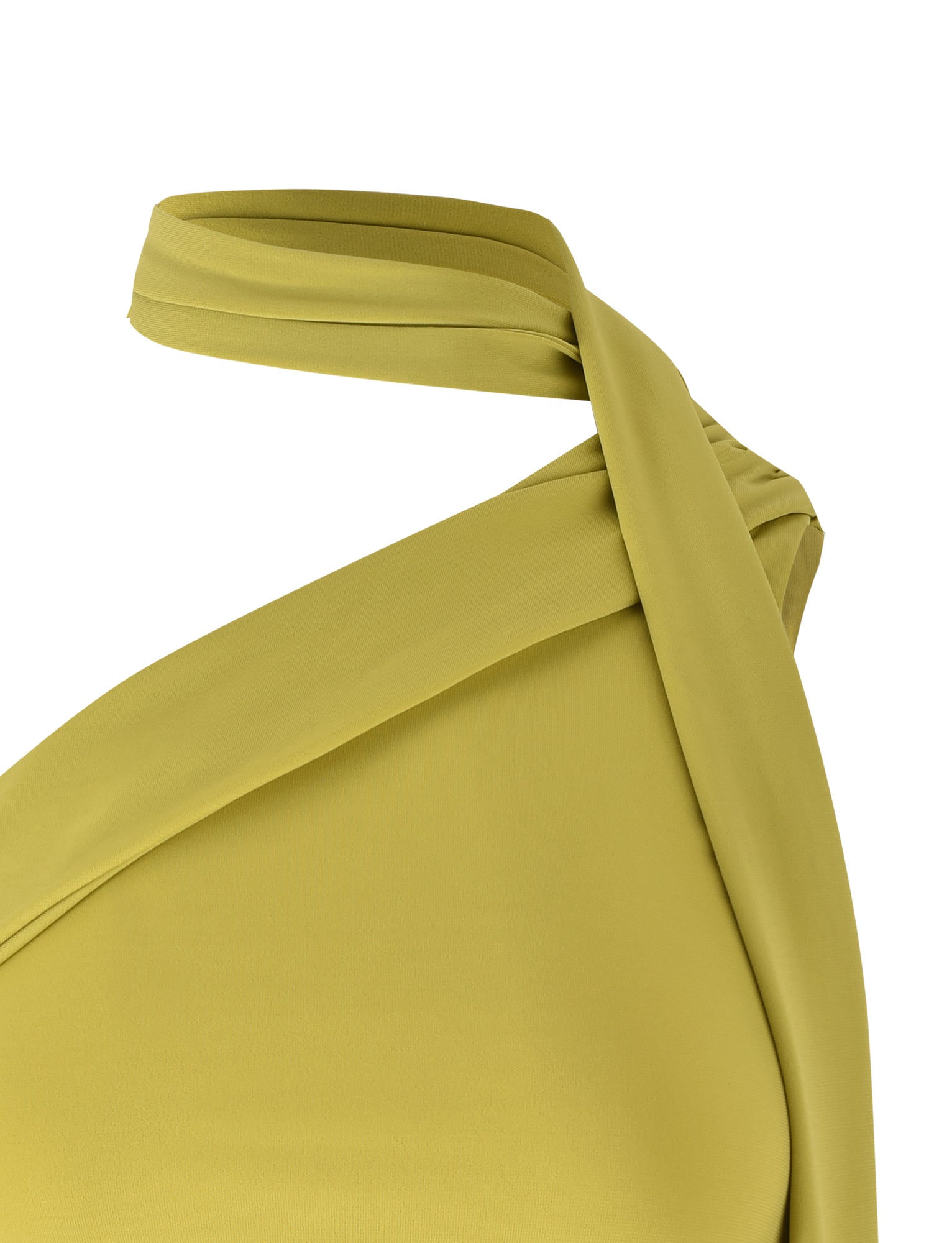 Close-up of an olive green ALLIRA TOP from TIGERMIST, featuring a unique, twisted strap design that wraps around the shoulder. The fabric appears smooth and slightly stretchy. The image focuses on the upper section of the top, highlighting the strap detail.
