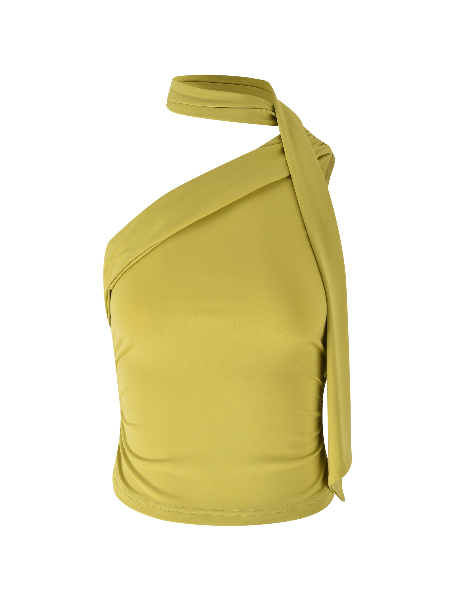 The ALLIRA TOP by TIGERMIST in chartreuse features a unique asymmetrical design with a lime-green, one-shoulder, sleeveless style. The top showcases a draped shoulder strap that twists and extends to the opposite side, and the smooth fabric has a slightly form-fitting appearance.