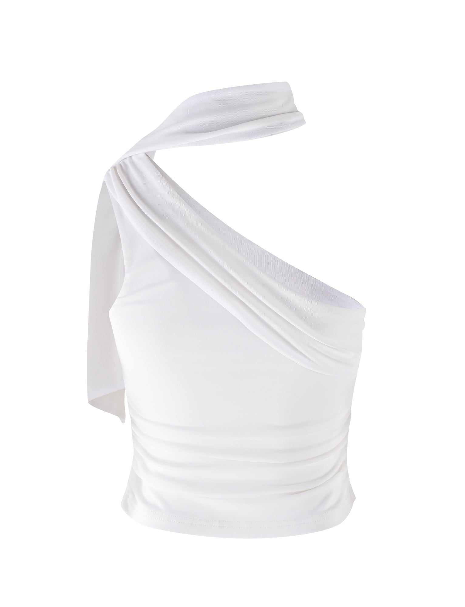 A white, asymmetrical, one-shoulder top by TIGERMIST, the ALLIRA TOP - WHITE features a draped shoulder piece and a fitted bodice with ruching details on one side, creating an elegant and modern look.
