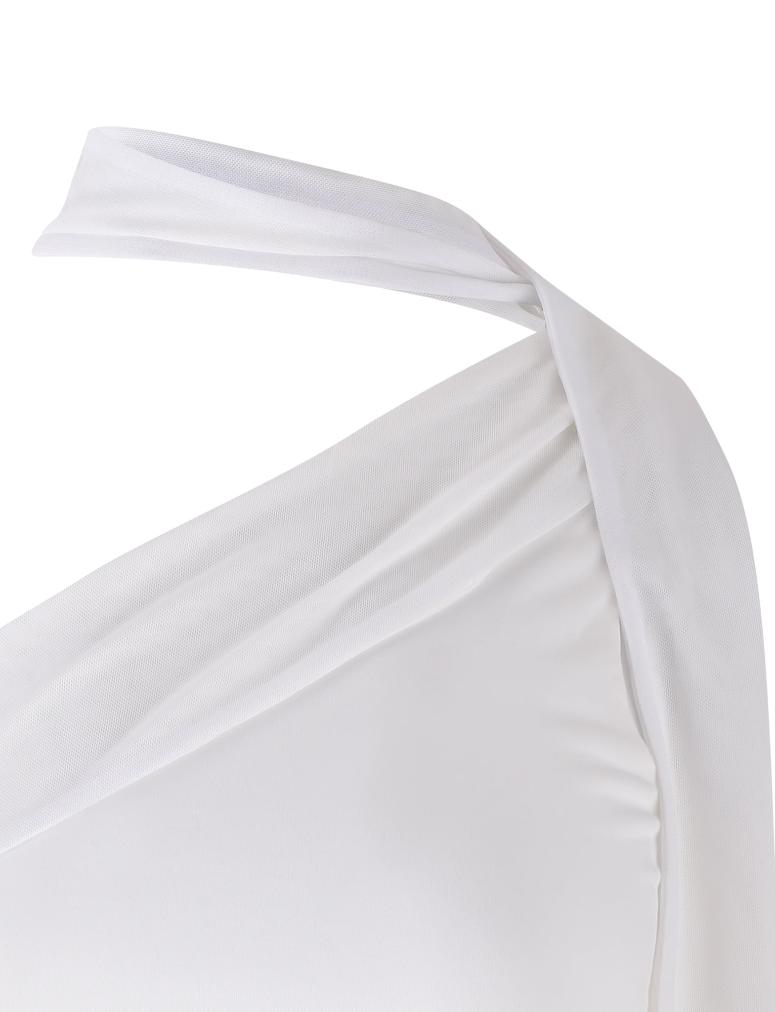 Close-up of the TIGERMIST ALLIRA TOP - WHITE featuring a stylish asymmetric strap design. The fabric appears smooth and slightly gathered at the shoulder, giving it an elegant and modern look.