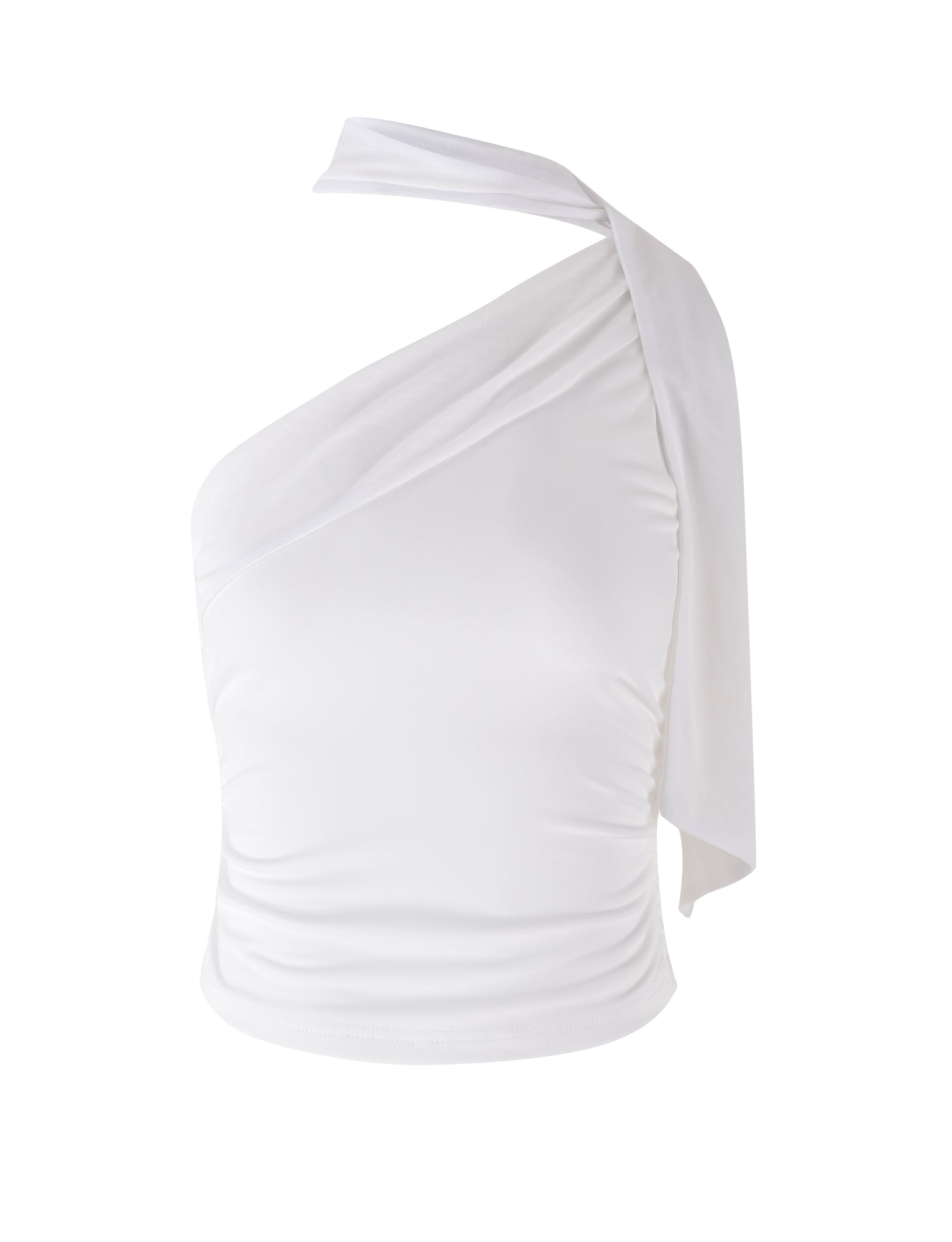The ALLIRA TOP - WHITE from TIGERMIST is a stylish one-shoulder top with a fitted design and draped fabric detail on the shoulder. The smooth and stretchy material enhances its sleek, modern look.