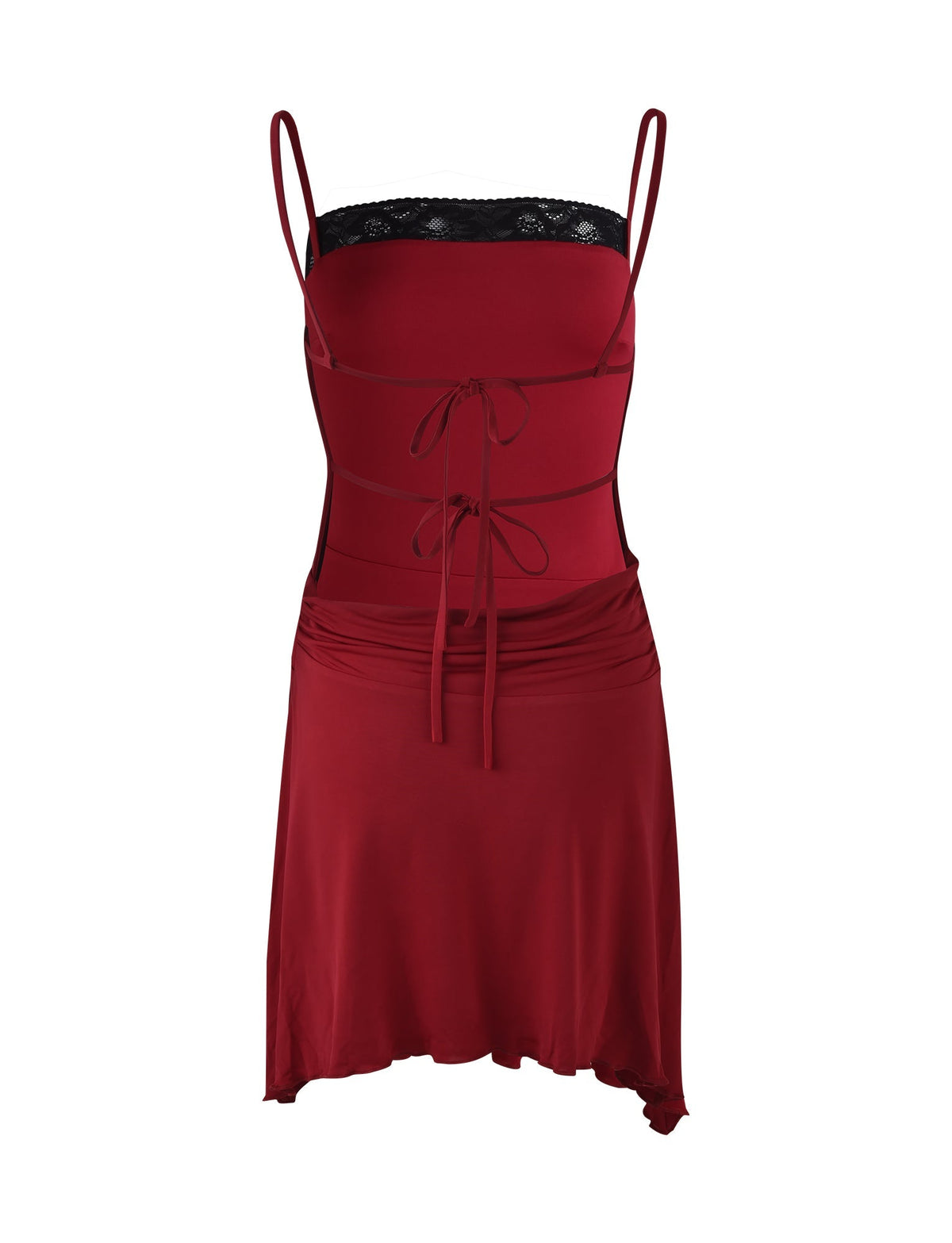 The JAIDA MINI DRESS - RED : CRIMSON from TIGERMIST features a red spaghetti strap design with black lace detailing at the top, a lace-up front, and an asymmetrical hemline. The fabric is soft and lightweight, fitting loosely around the waist with gathered detailing.