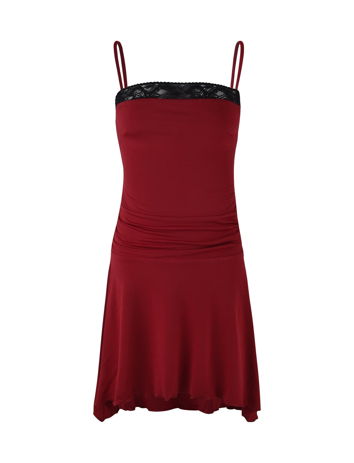 The JAIDA MINI DRESS - RED : CRIMSON by TIGERMIST is a sleeveless, knee-length dress featuring thin shoulder straps and a straight neckline adorned with black lace trim. It has ruched detailing around the waist and a flowy skirt.