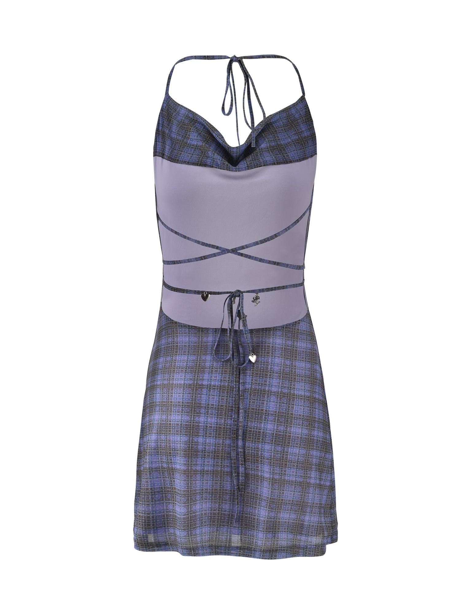 The PATRA DRESS - MULTI : MIRO CHECK from TIGERMIST is a sleeveless mini dress featuring a blue and purple plaid pattern, a halter neck, and strappy details across the midriff. It has a fitted V-neck top that flows into a flared skirt.