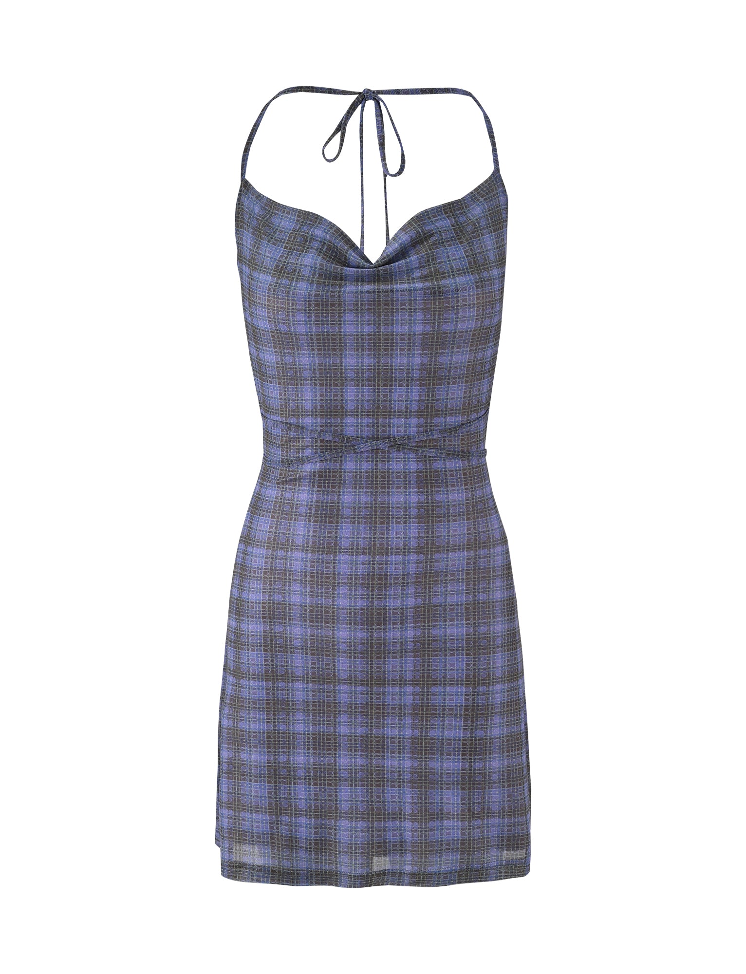 The PATRA DRESS - MULTI : MIRO CHECK by TIGERMIST is a blue and purple plaid mini dress featuring spaghetti straps and a halter neckline. It has a fitted bodice and an A-line skirt.