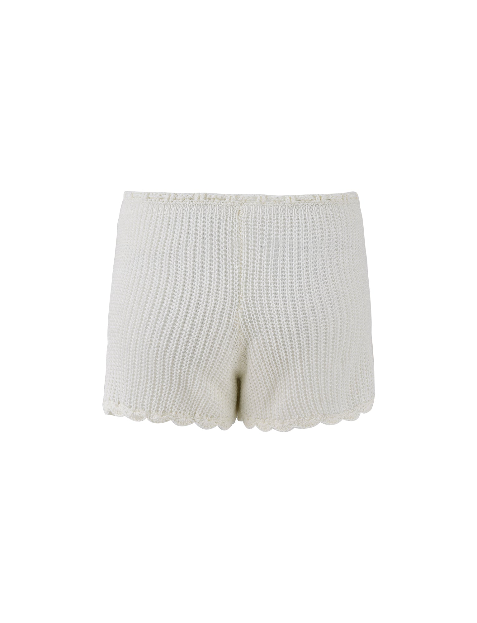 The RIKI SHORT - WHITE by TIGERMIST features a stylish ribbed texture and scalloped edges at the hem, paired with an elastic waistband for a comfortable fit. These cozy and casual shorts are perfect for lounging or sleepwear.