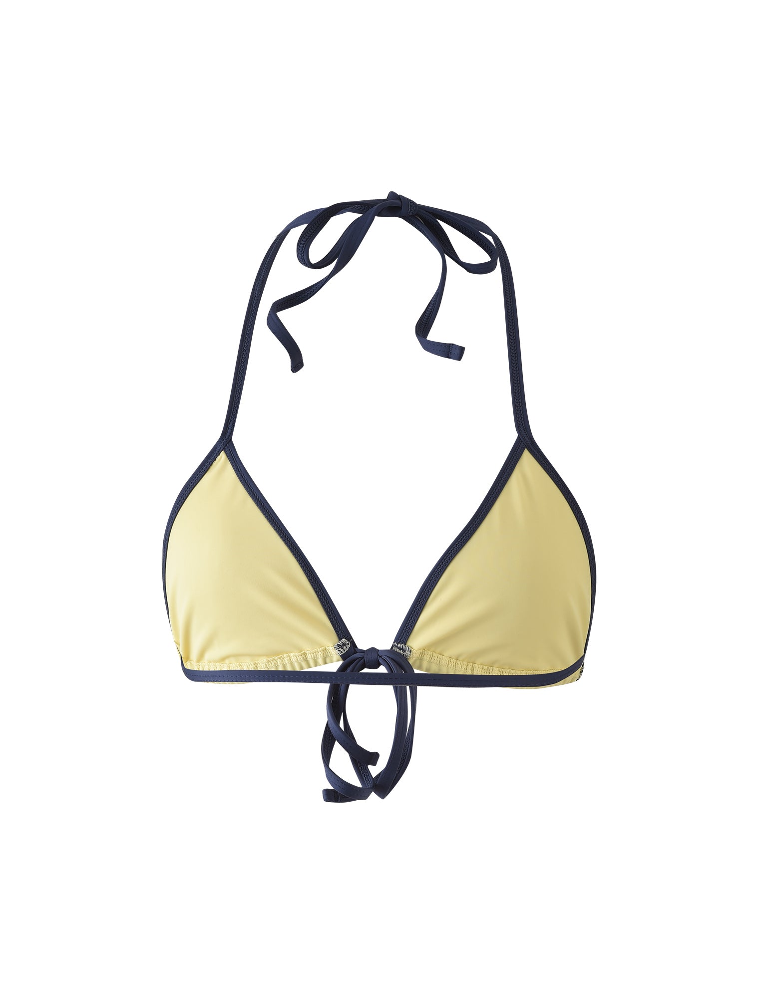 A pale yellow Kristin bikini top from Tigermist, featuring dark blue edging and tie closures at the neck and back, displayed on a white background.