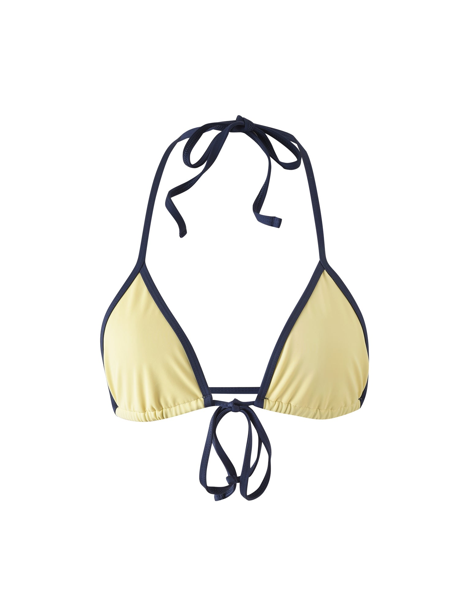 The KRISTIN BIKINI TOP - YELLOW by TIGERMIST features a pale yellow bikini top with dark blue trim and ties. This halter-style top has adjustable straps that tie around the neck and back, making it suitable for various body shapes and sizes. The cups are slightly gathered at the bottom for a flattering fit.