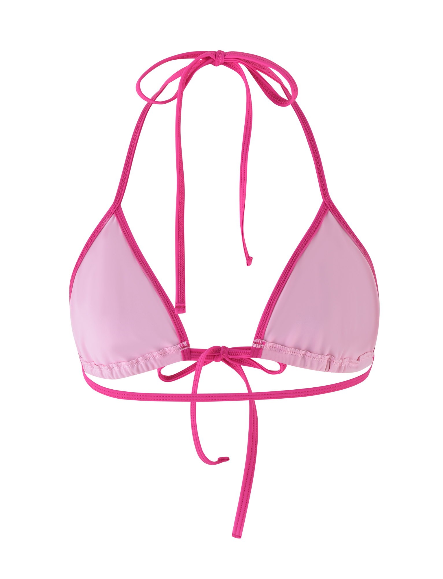 The KRISTIN BIKINI TOP - PINK by TIGERMIST features a bodycon fit with adjustable neck and back string ties, shown in a two-toned pink design on a white background.
