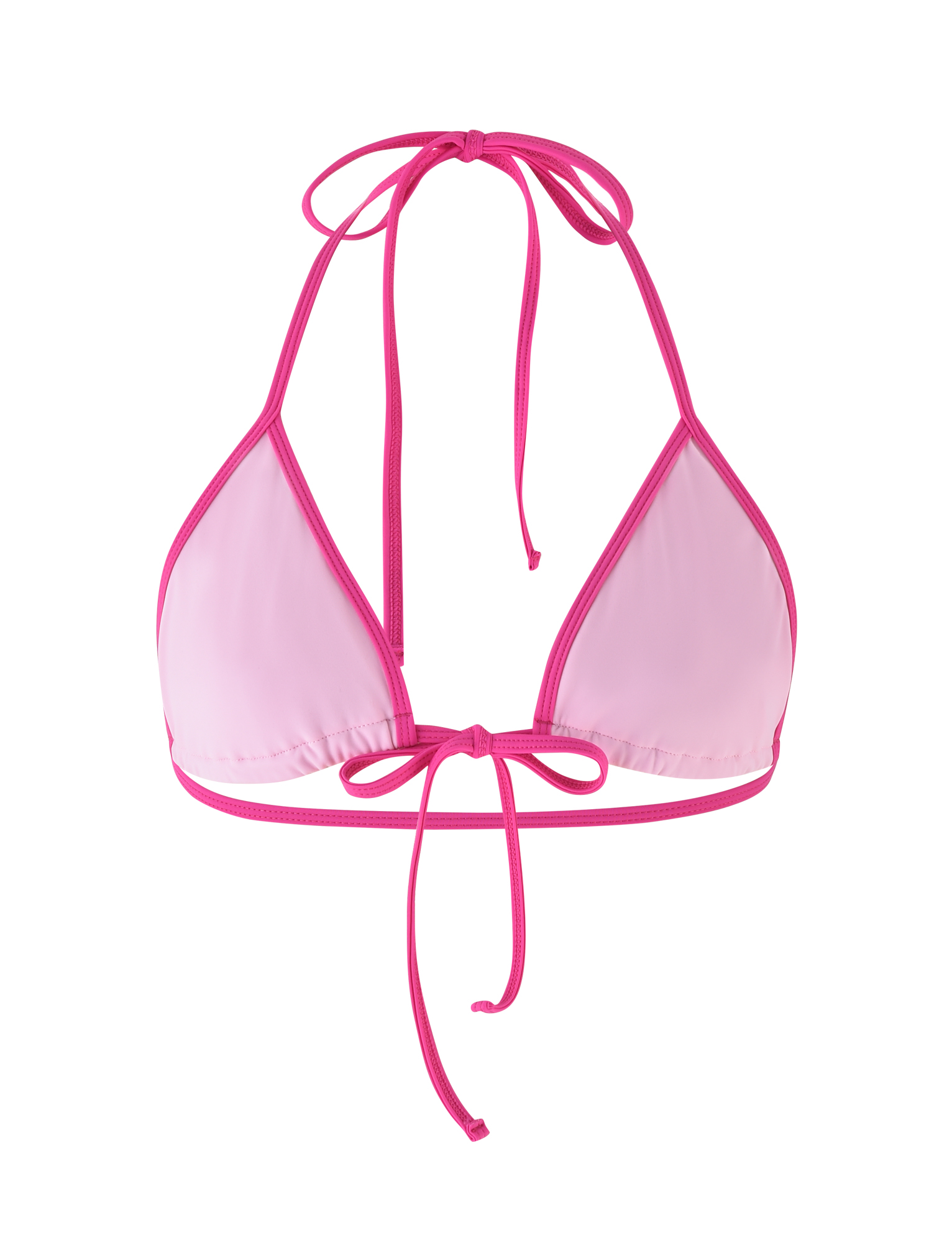 The KRISTIN BIKINI TOP - PINK by TIGERMIST showcases a two-toned pink design with adjustable neck and back ties, displayed against a white background.