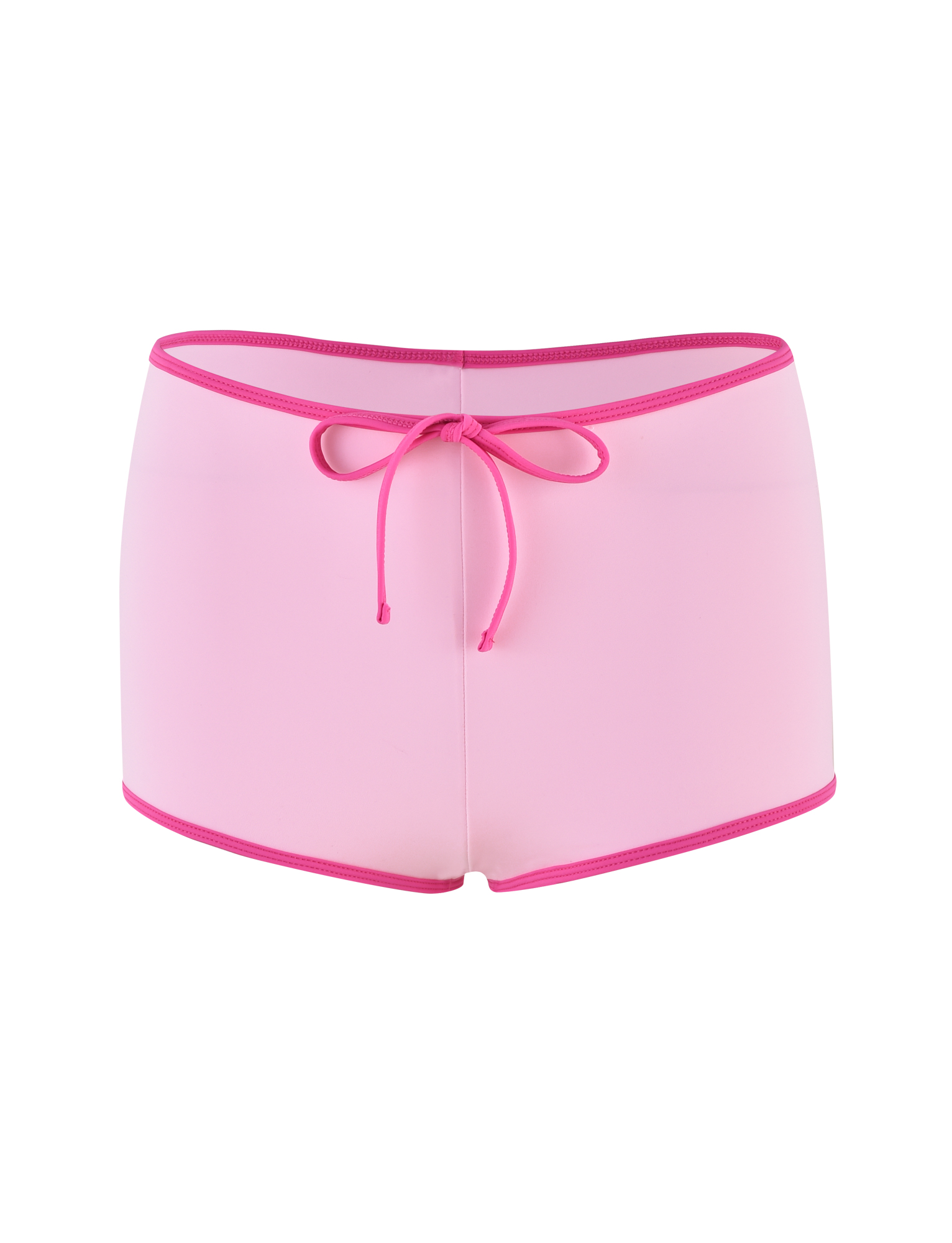 The KRISTIN BIKINI BOTTOM by TIGERMIST features a two-toned pink design with a light pink body, bright pink waistband, trim, and drawstring, styled in a boy leg short cut and shown on a white background.