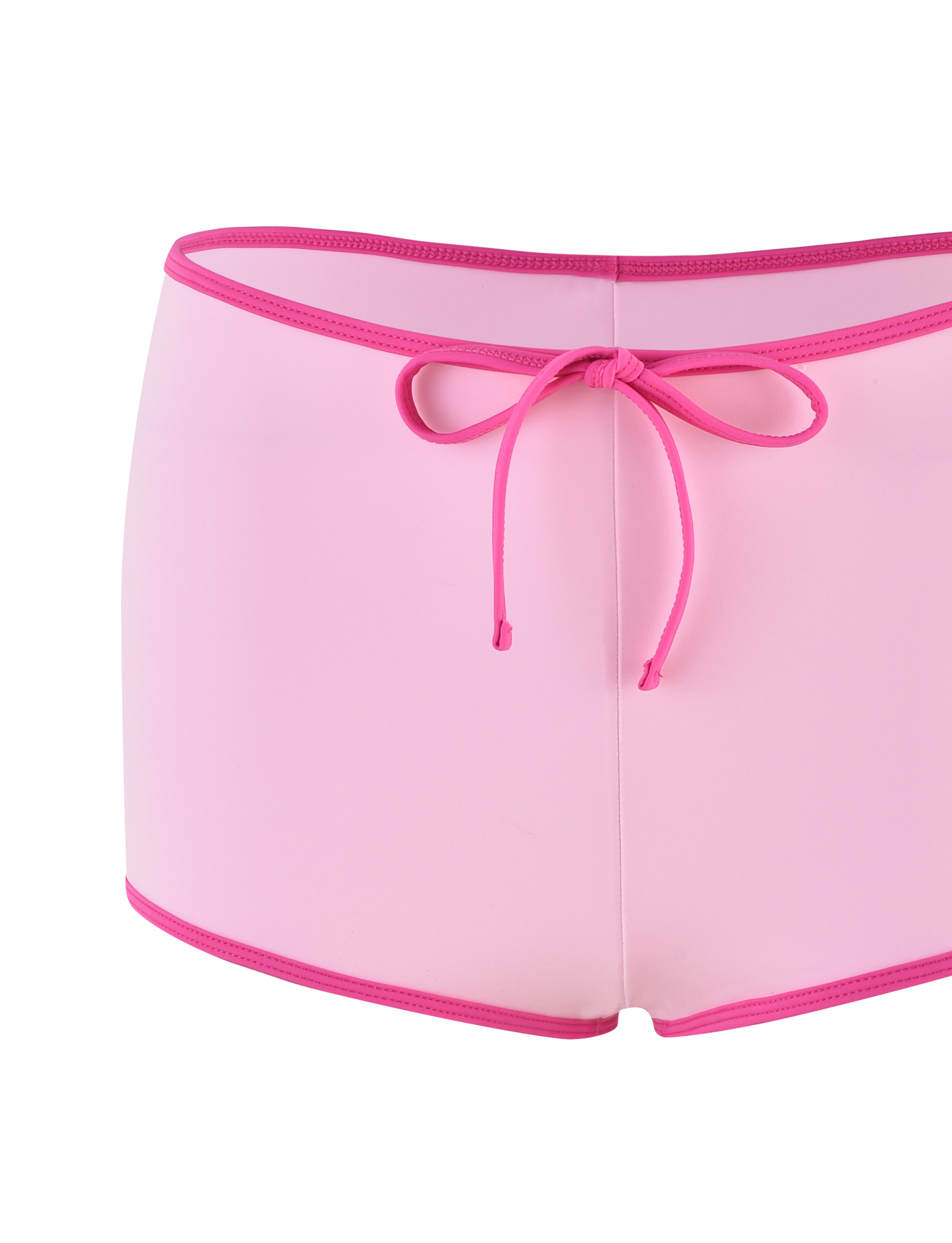 The KRISTIN BIKINI BOTTOM - PINK by TIGERMIST features two-tone pink boy leg swim trunks with a hot pink trim and front tie, displayed against a white background.