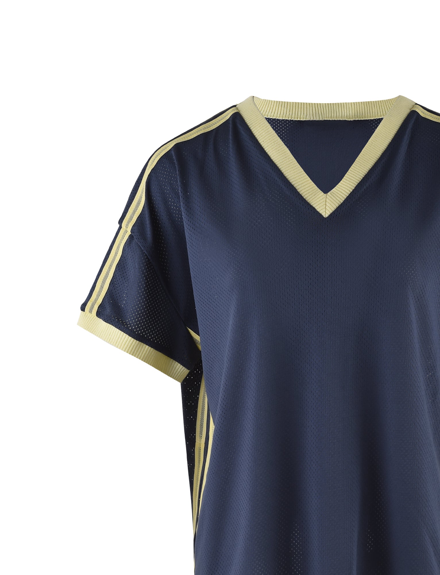 The JAYNA TEE - BLUE by TIGERMIST is a dusty blue V-neck athletic shirt with yellow trim on the collar and sleeves. The shirt showcases yellow stripes along the shoulders and sides, capturing the distinctive Tiger Mist aesthetic. Photographed against a plain white background, the fabric looks lightweight and breathable.
