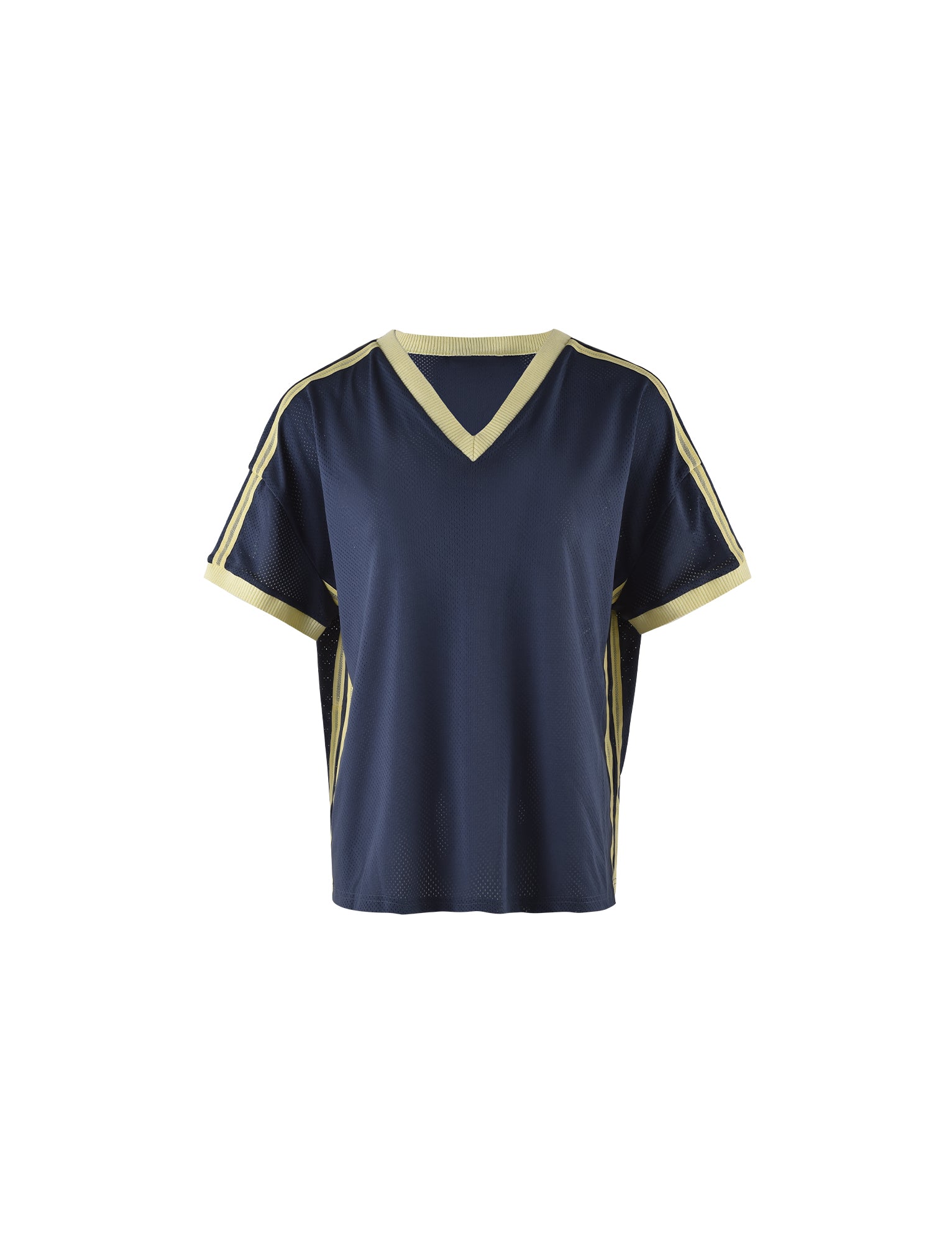 The JAYNA TEE - BLUE from TIGERMIST is a dark blue, short-sleeve sports jersey with a V-neck design. It features light yellow trim along the neckline and sleeve edges, and has light yellow stripes running down the shoulders and sides. The material appears to be mesh.