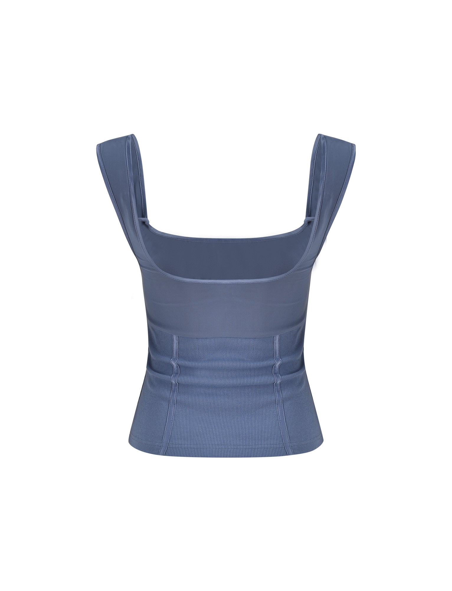 The NOEMI TOP - BLUE by TIGERMIST in Dusty Blue is a sleeveless crop top featuring wide shoulder straps and a square neckline. This stylish piece boasts a ribbed texture and fitted design, highlighting its structured look.