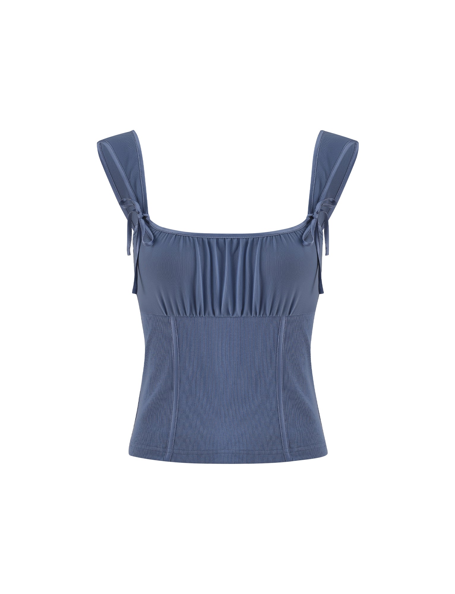 The NOEMI TOP - BLUE (Dusty Blue) from TigerMist features a stunning sleeveless design with thick shoulder straps and a ruched neckline. The fitted bodice is crafted from slightly textured fabric, accented by small tied bows on each strap near the shoulders, set against a plain white background.