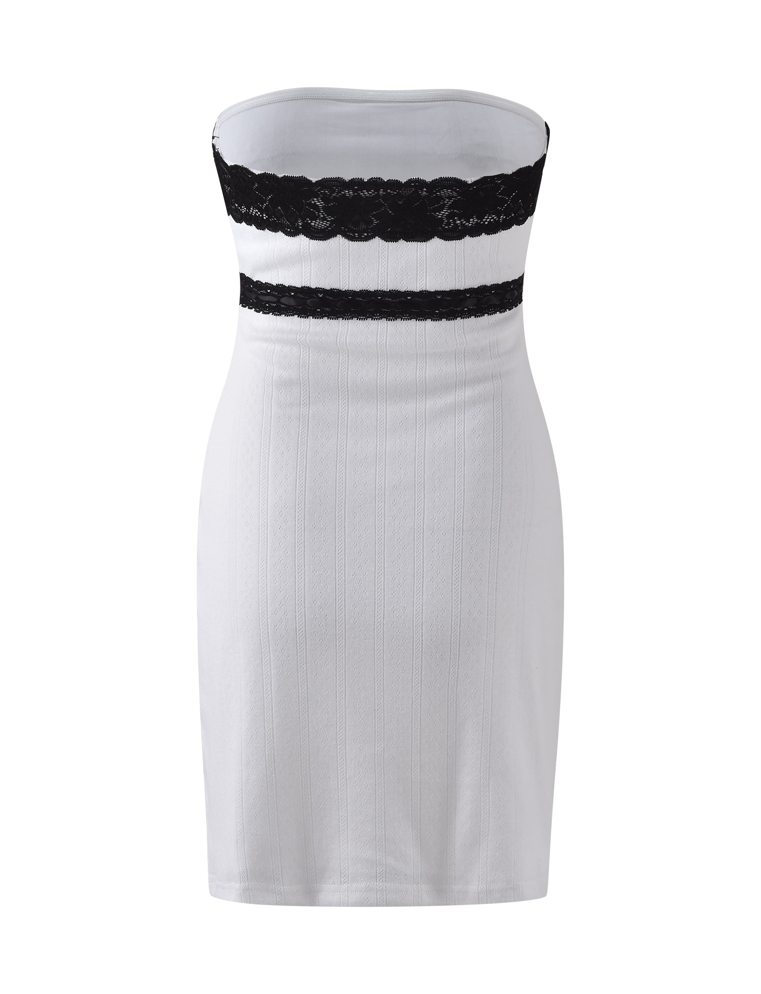 The MARCIA MINI DRESS - WHITE by TIGERMIST is a strapless bodycon dress featuring a band of black lace detailing across the top and waist. The form-fitting design is complemented by vertical seams that add structure.
