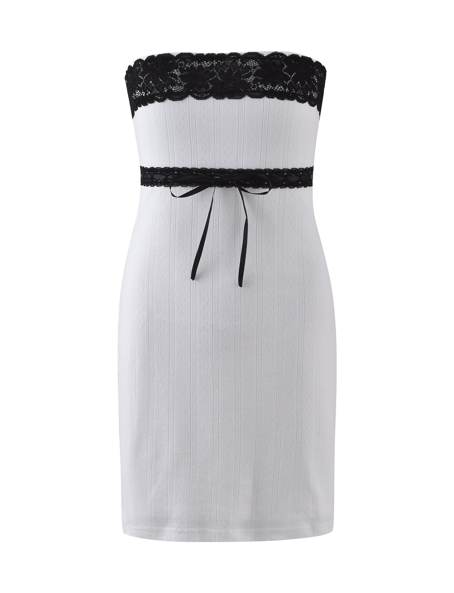 A white, strapless, knee-length dress with black lace detailing at the top and waist. The MARCIA MINI DRESS - WHITE from TIGERMIST features a black ribbon tied in a bow at the waist, adding a touch of elegance to its simple design.