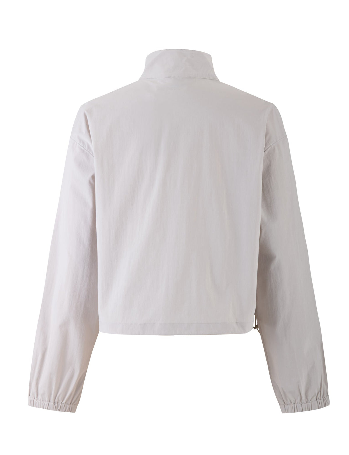 A dove grey, long-sleeved KAHANNA JACKET by TIGERMIST with a high collar is displayed from the back. This sleek jacket features a straightforward design with a straight hemline and elastic cuffs at the sleeves.