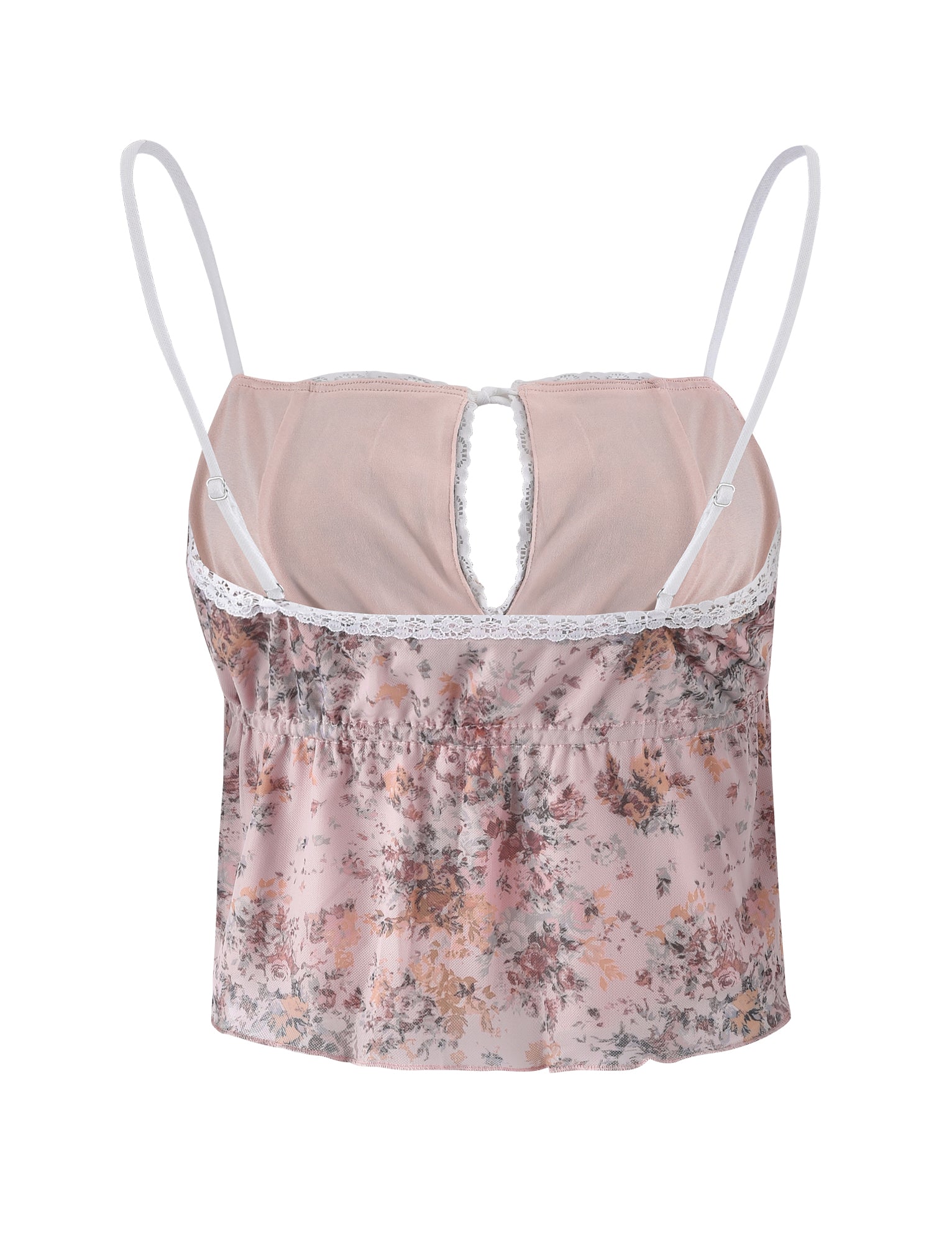 The LEYSA TOP - PINK : CAMO FLORAL by TIGERMIST is a delicate pink floral silk camisole featuring thin white straps and lace trim. It boasts a keyhole cutout at the front neckline and an elasticated waist, adorned with a subtle floral pattern. The soft, shiny fabric lends an elegant and graceful appearance to the camisole.