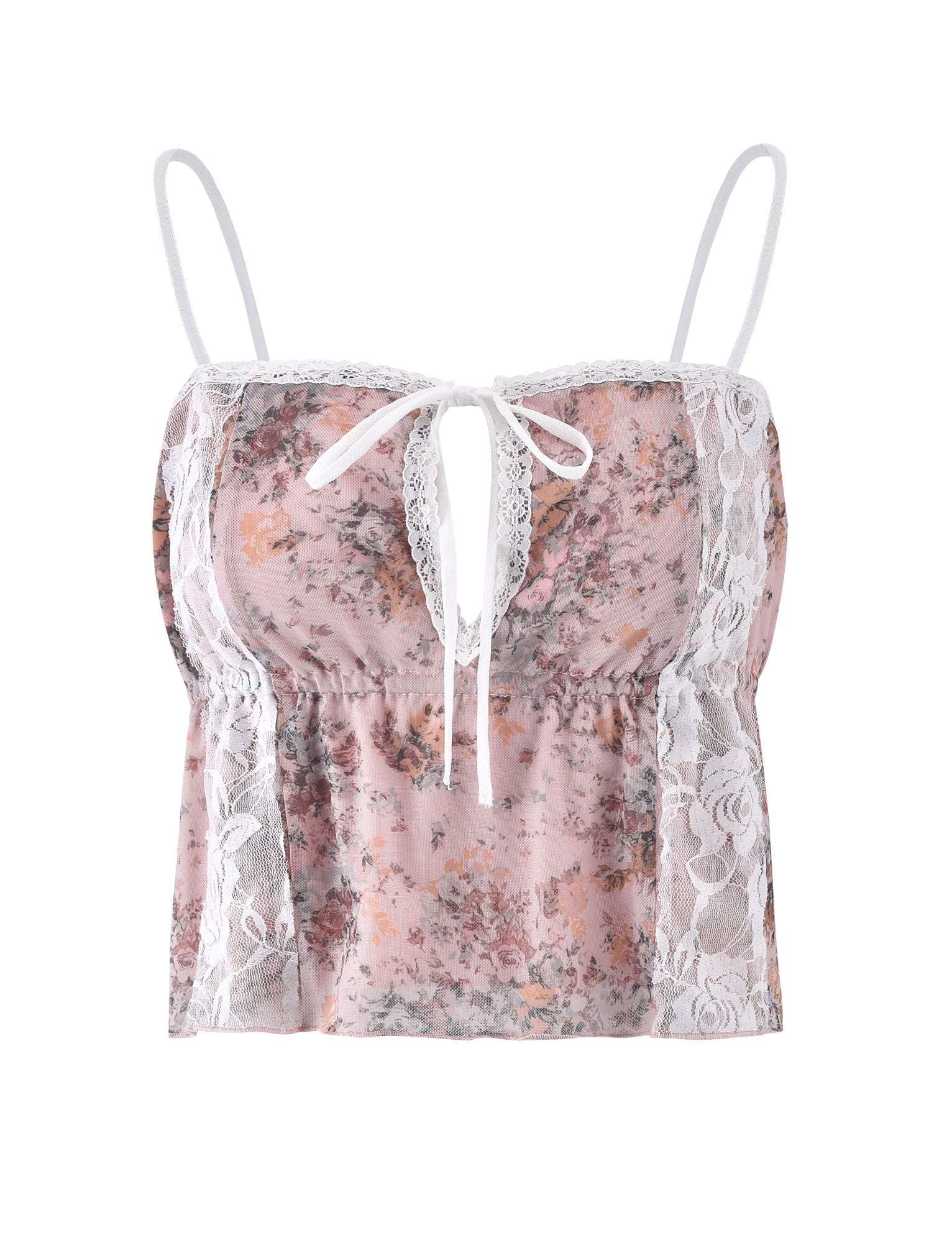 The LEYSA TOP - PINK : CAMO FLORAL by TIGERMIST is a floral lace camisole featuring delicate pink and gray flower patterns on sheer fabric. It boasts adjustable spaghetti straps, a lace-trimmed neckline, and a small bow tie detail at the front. The sides are elegantly adorned with white lace inserts.