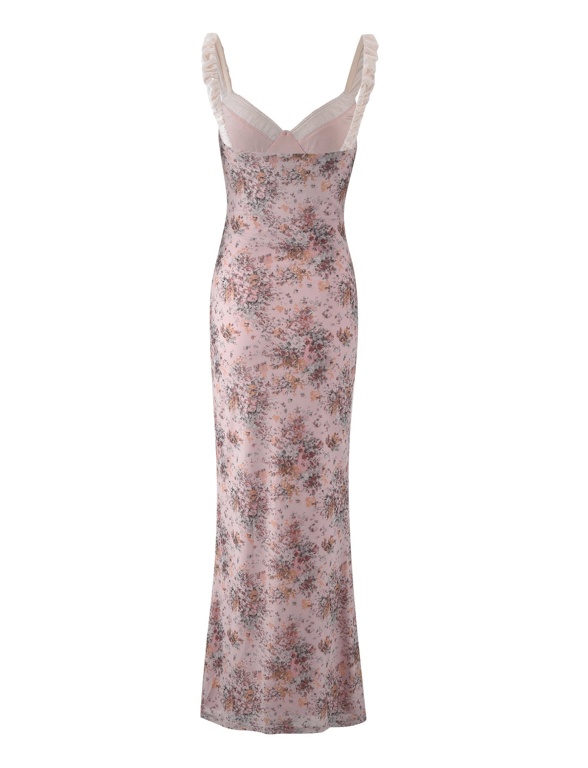 The AMARAN DRESS - PINK : CAMO FLORAL by TIGERMIST is a sleeveless maxi dress with a soft pink camo floral print, sheer ruffled straps, and a fitted bodycon silhouette.