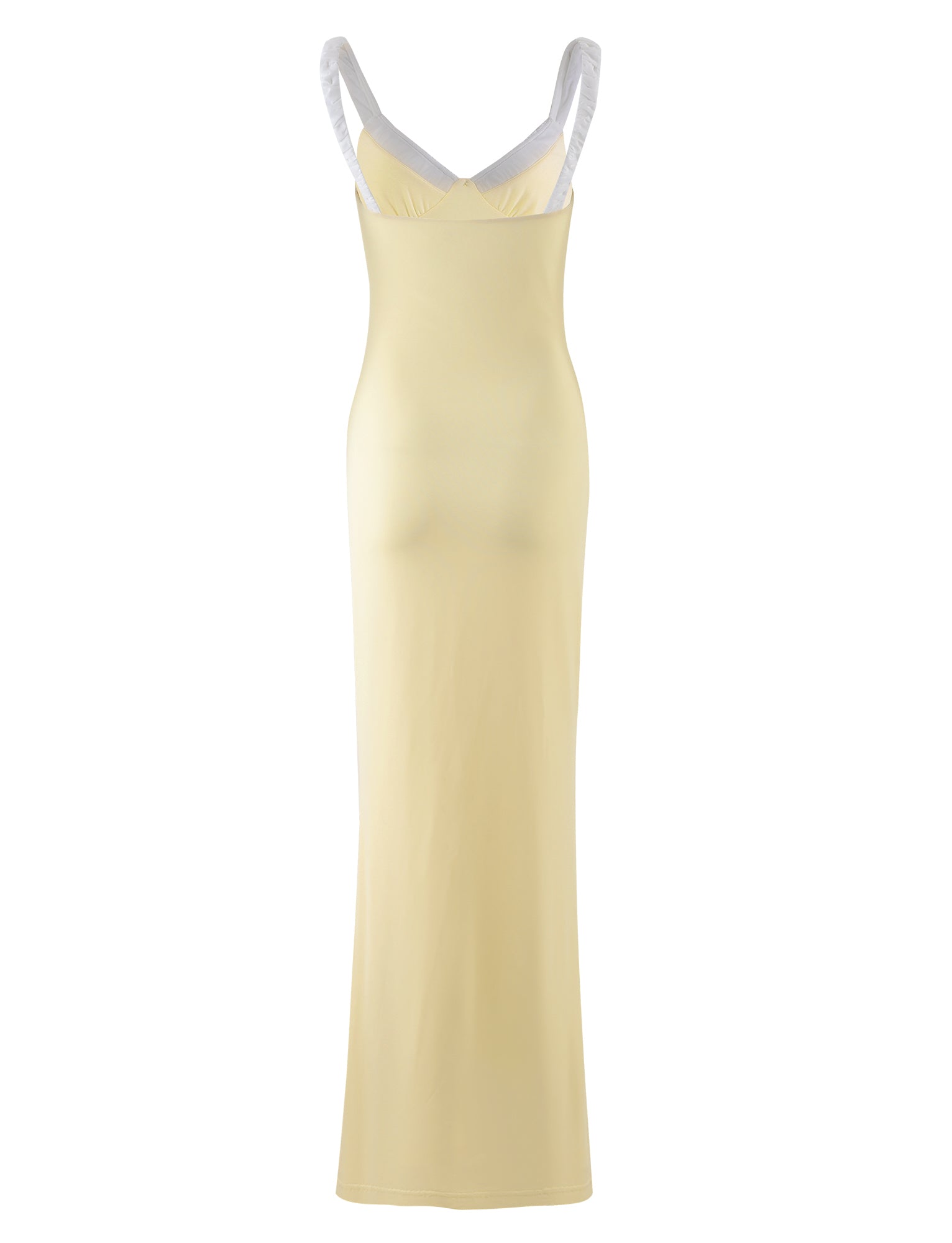 A long, sleeveless AMARAN DRESS - YELLOW : LEMON by TIGERMIST, featuring a fitted silhouette with white crisscrossing shoulder straps and a deep neckline.