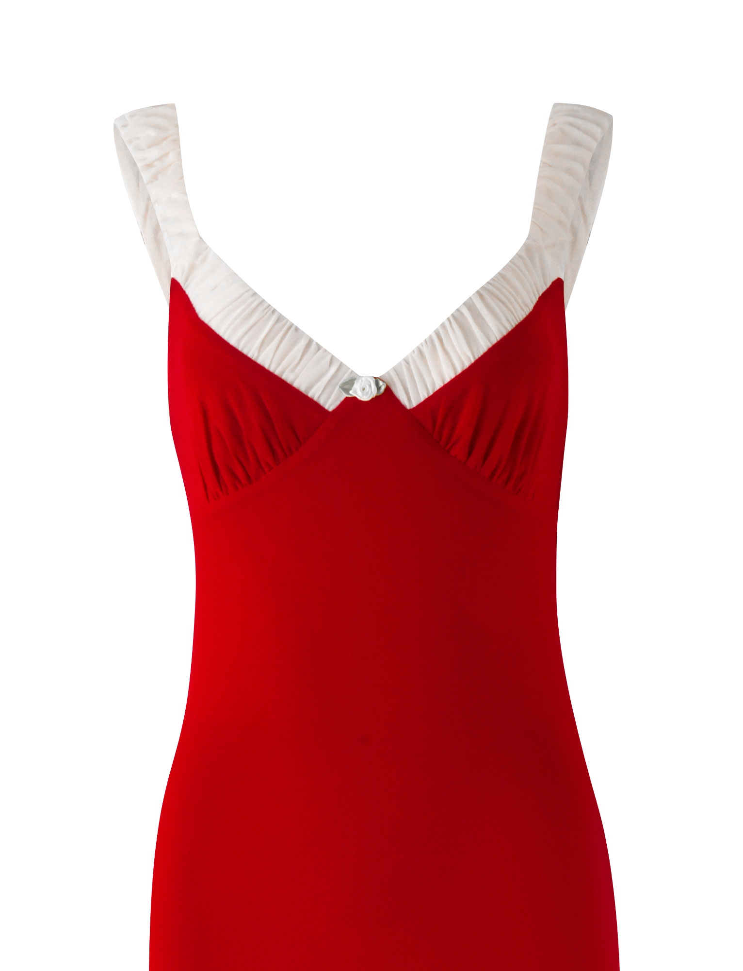 The TIGERMIST AMARAN MAXI DRESS - RED : BURGUNDY is a sleeveless dress with a deep V-neckline, wide white ruched straps, and a small decorative white button at the center of the neckline.