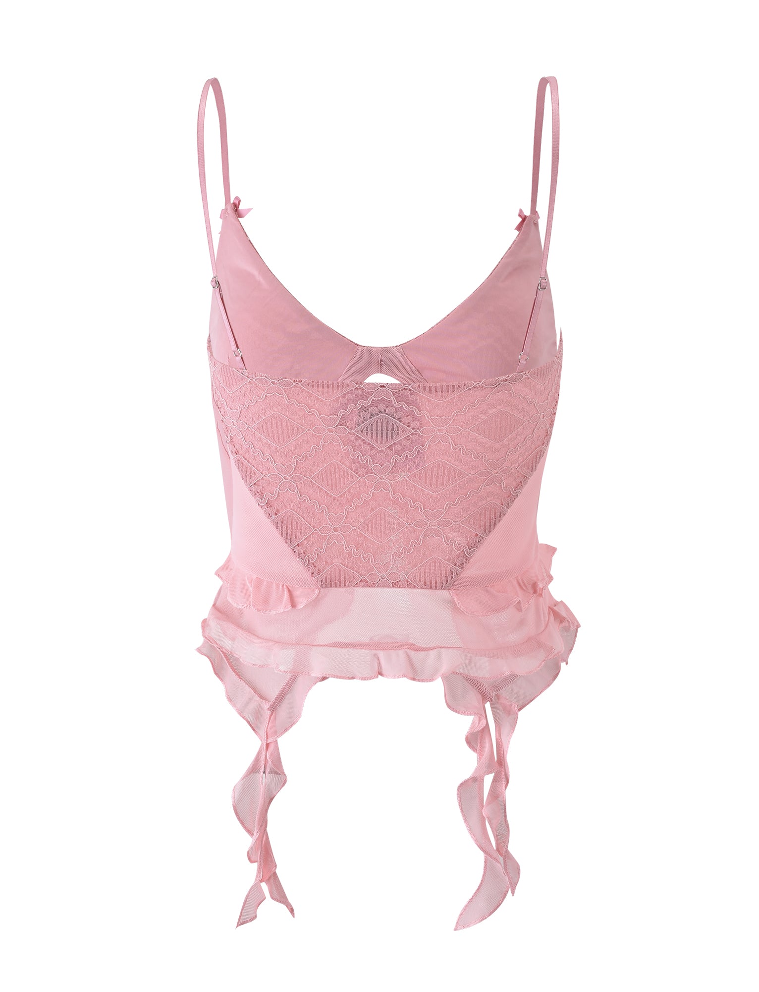The TIGERMIST LAFAYETTE TOP in Dusty Pink is a delicate lace bralette with thin adjustable straps. It boasts a semi-sheer lace design on the front and a ruffled hemline, offering an elegant and feminine appearance.