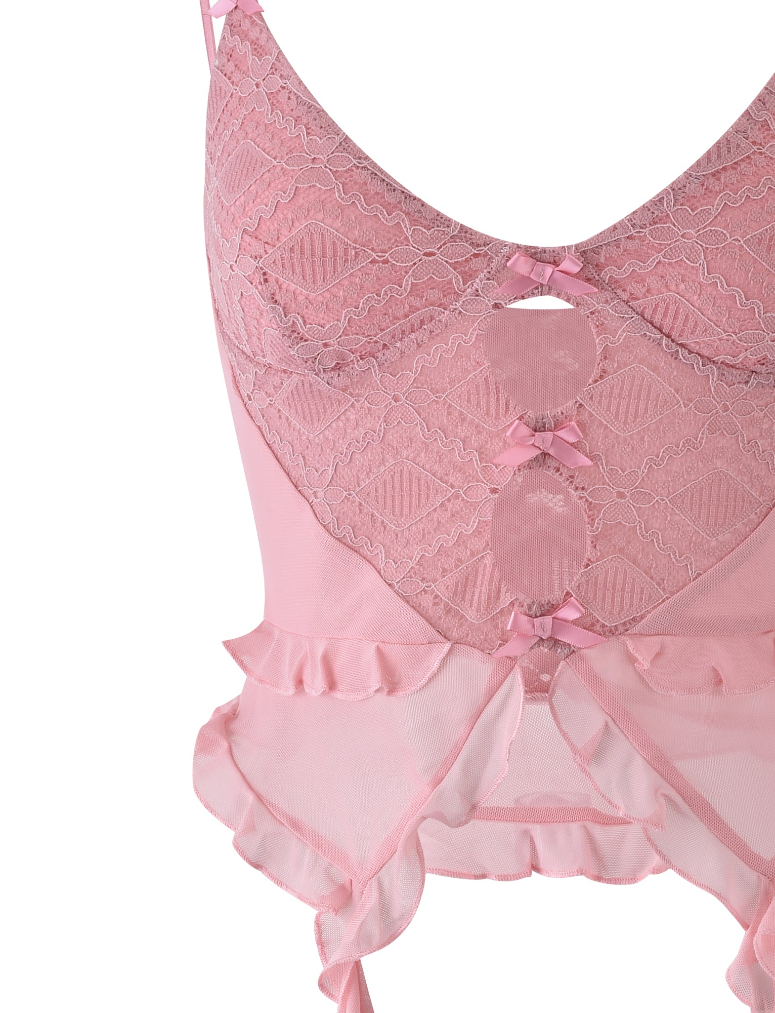 A close-up image of the LAFAYETTE TOP - PINK : DUSTY PINK from TIGERMIST. This delicate lingerie piece showcases intricate lace patterns, elegant ribbon detailing, and a frill trim at the bottom. The semi-sheer fabric enhances its feminine and refined design.