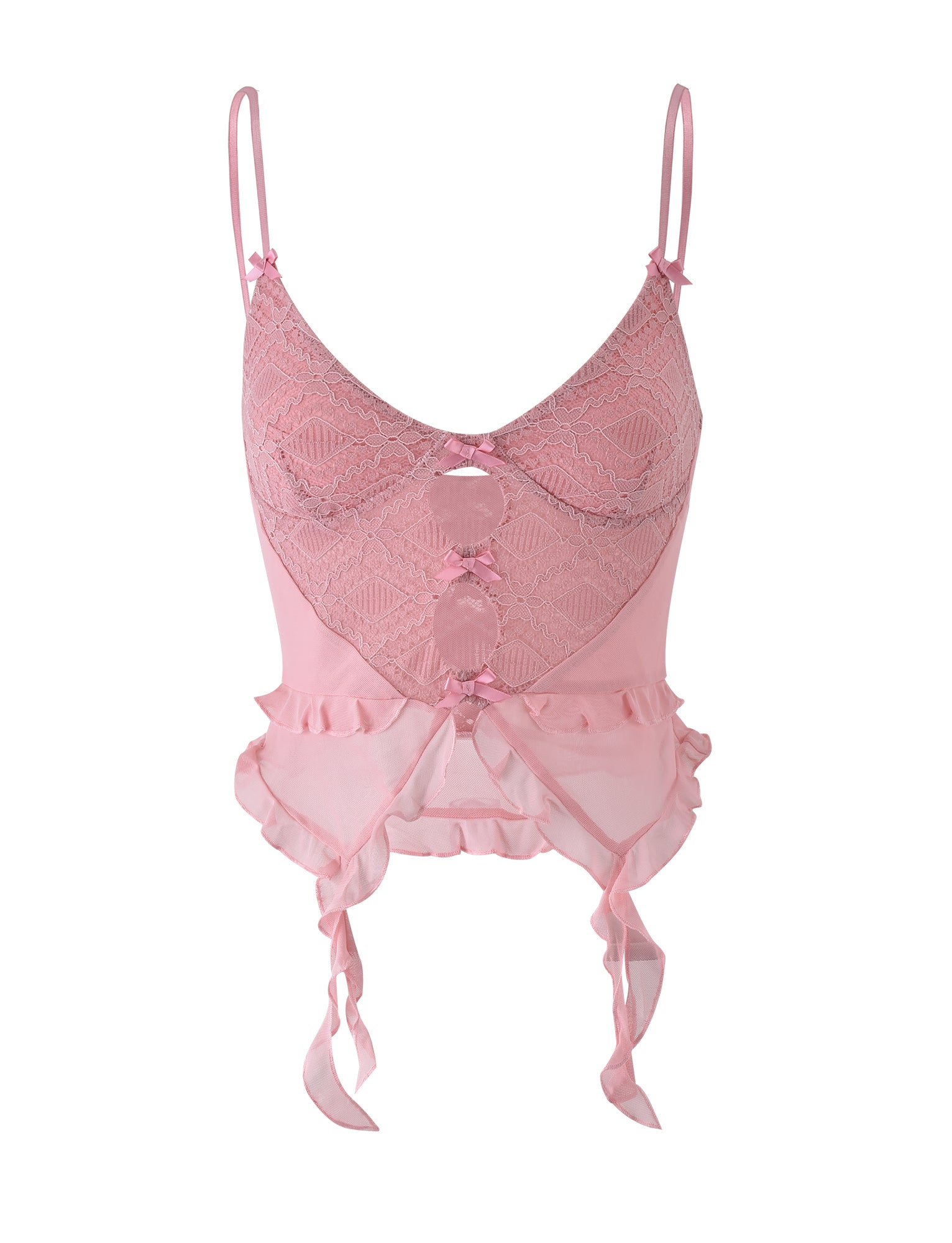 The LAFAYETTE TOP - PINK : DUSTY PINK from TIGERMIST features a delicate lace design in a soft pink color, complete with thin spaghetti straps, decorative bow accents, center cut-out details, and a charming ruffled hem. The light and airy fabric lend it a distinctly feminine and elegant appearance.