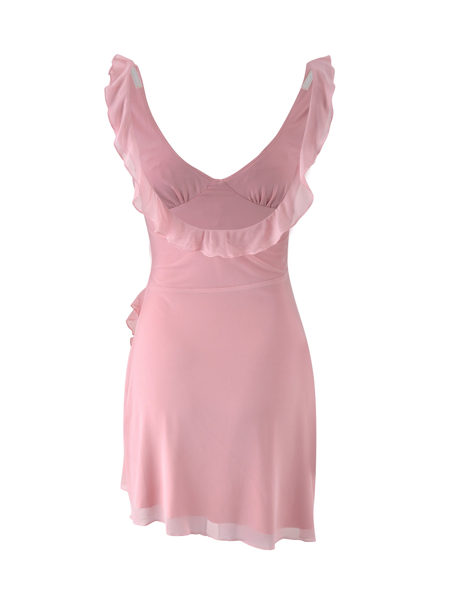 The IMRA DRESS - PINK : DUSTY PINK from TIGERMIST is a sleeveless, knee-length dress in a delicate pink shade. It features a plunging V-neckline adorned with ruffles around the neckline, shoulders, and waist, and comes with a flowing, slightly flared hem. The fabric is soft and lightweight, providing a feminine and elegant appearance.