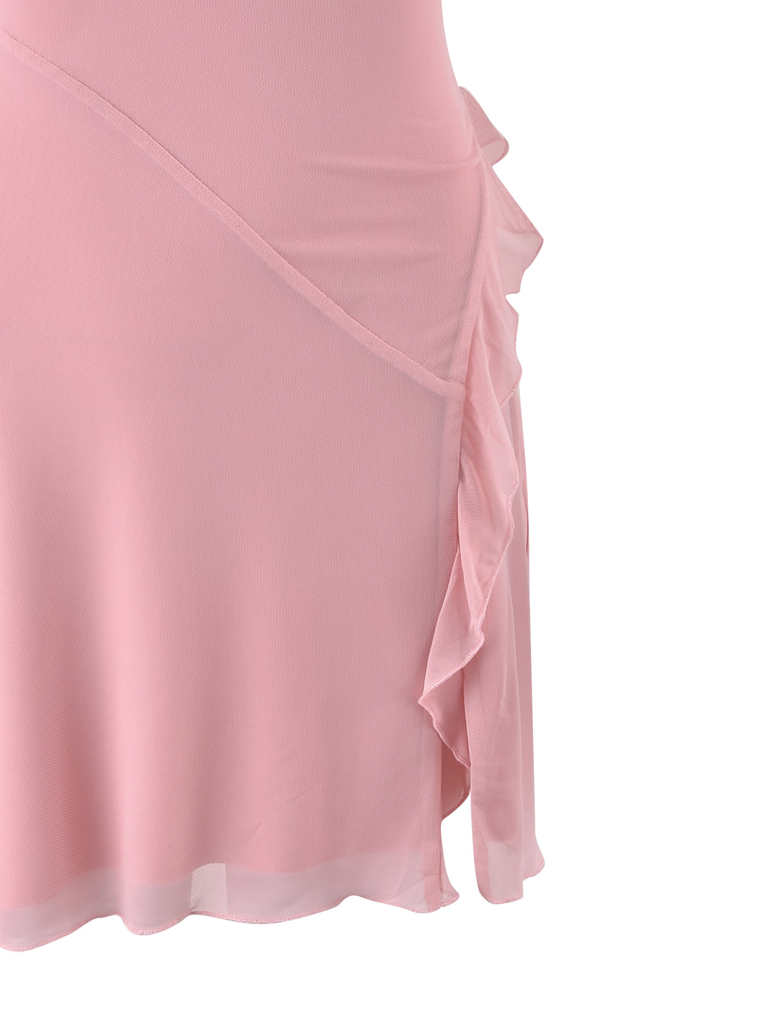 Close-up of the IMRA DRESS - PINK : DUSTY PINK by TIGERMIST with smooth, flowing fabric. The dress features a diagonal seam just above the hip and a delicate ruffle detail on the right side near the hem. The lower hem shows a slight, subtle flare. The background is white.